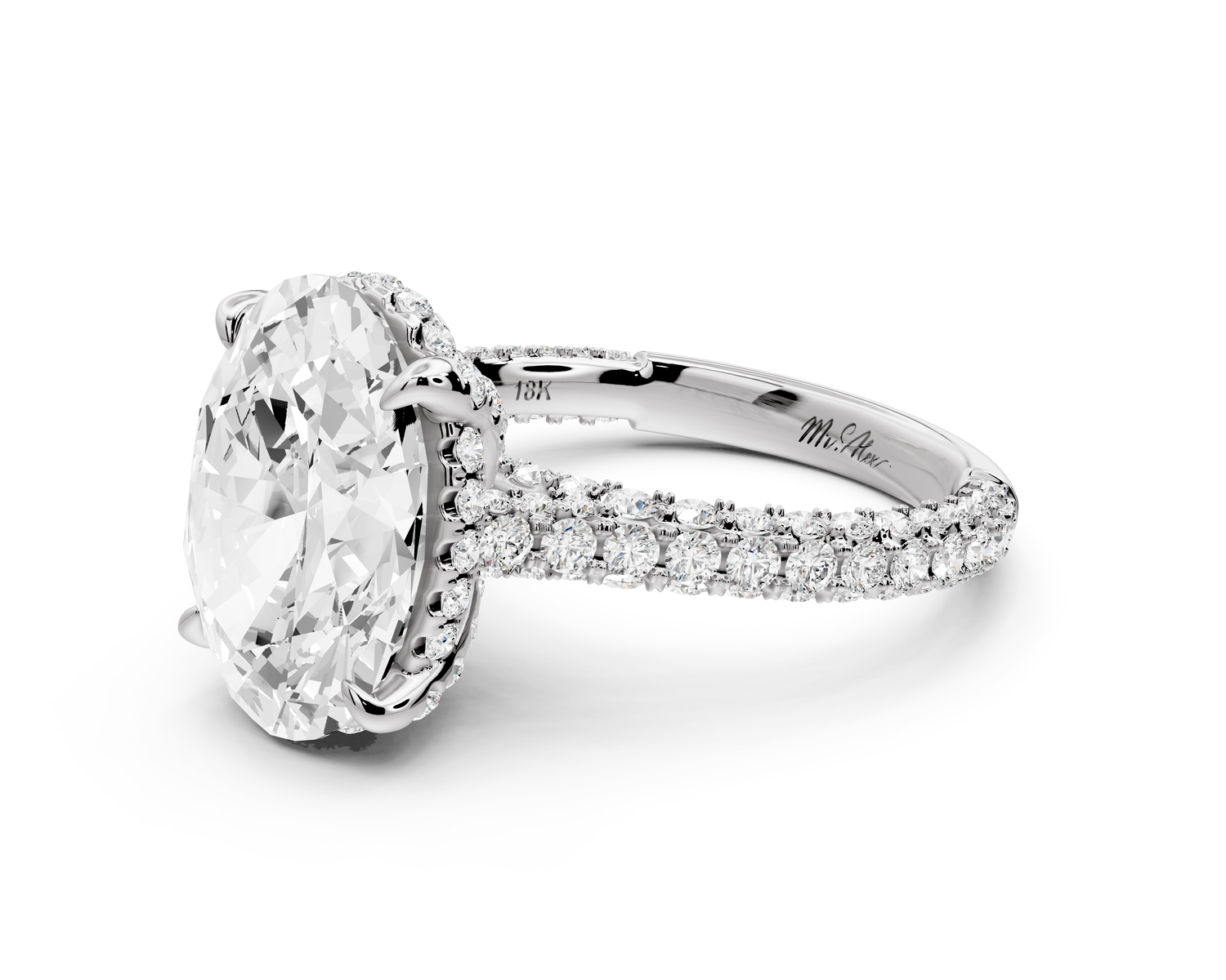 Bianca - 4ct 14k white gold oval Diamond hidden halo with a diamond crown and bridge rollover pave cathedral Engagement ring