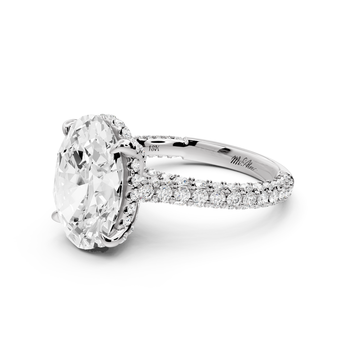 Bianca - 4ct 14k white gold oval Diamond hidden halo with a diamond crown and bridge rollover pave cathedral Engagement ring