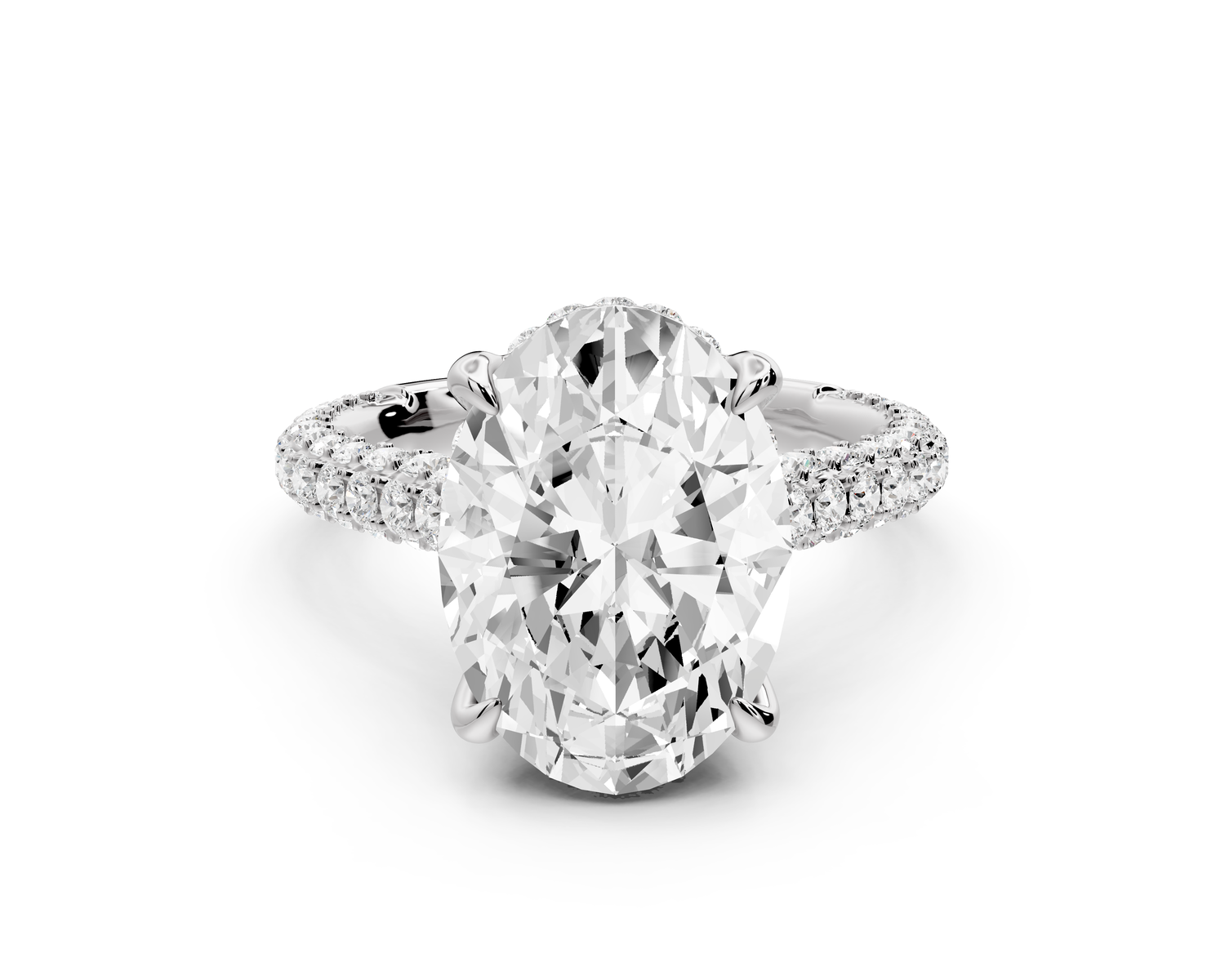 Bianca - 4ct 14k white gold oval Diamond hidden halo with a diamond crown and bridge rollover pave cathedral Engagement ring