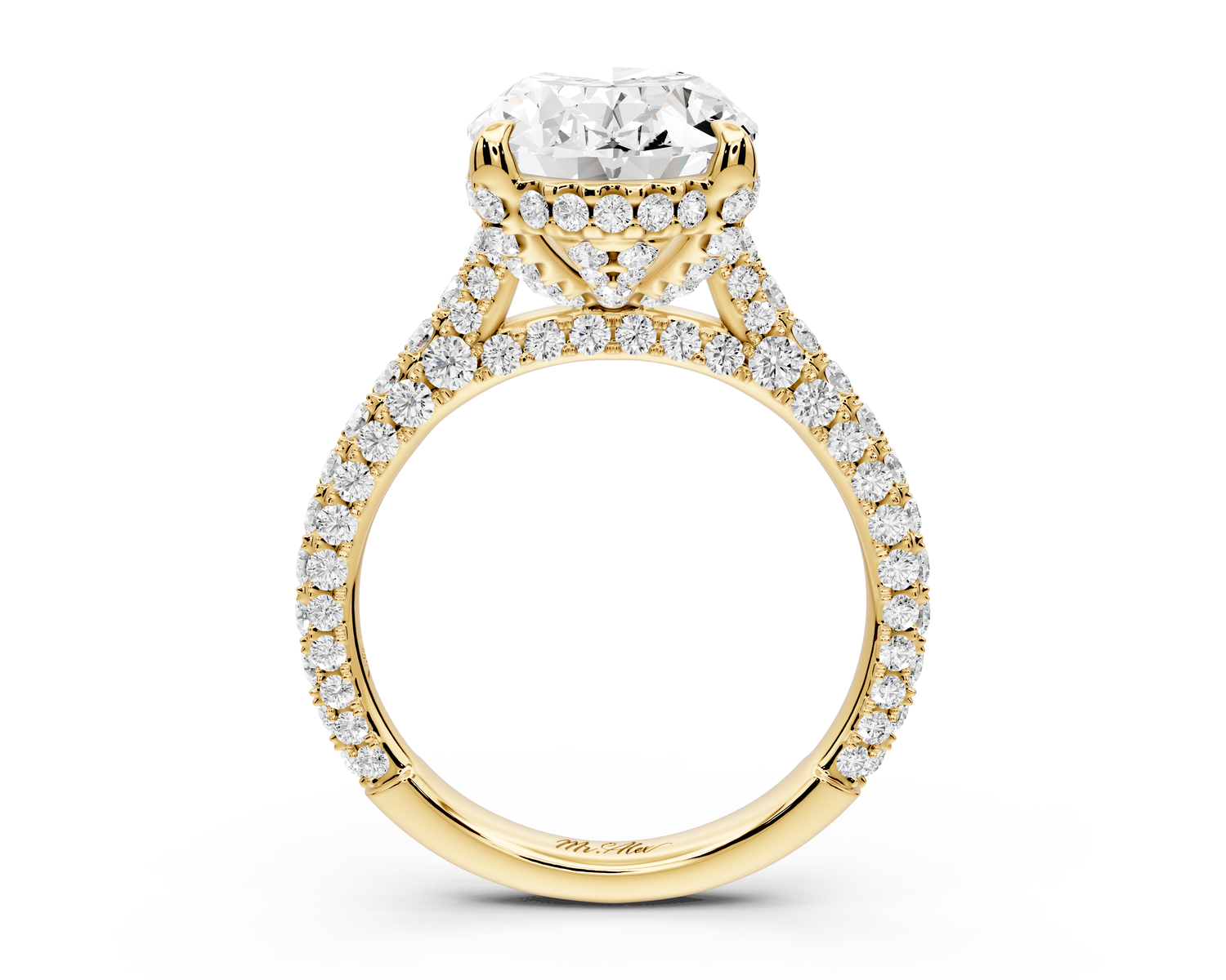 Bianca - 4ct 14k yellow gold oval Diamond hidden halo with a diamond crown and bridge rollover pave cathedral Engagement ring