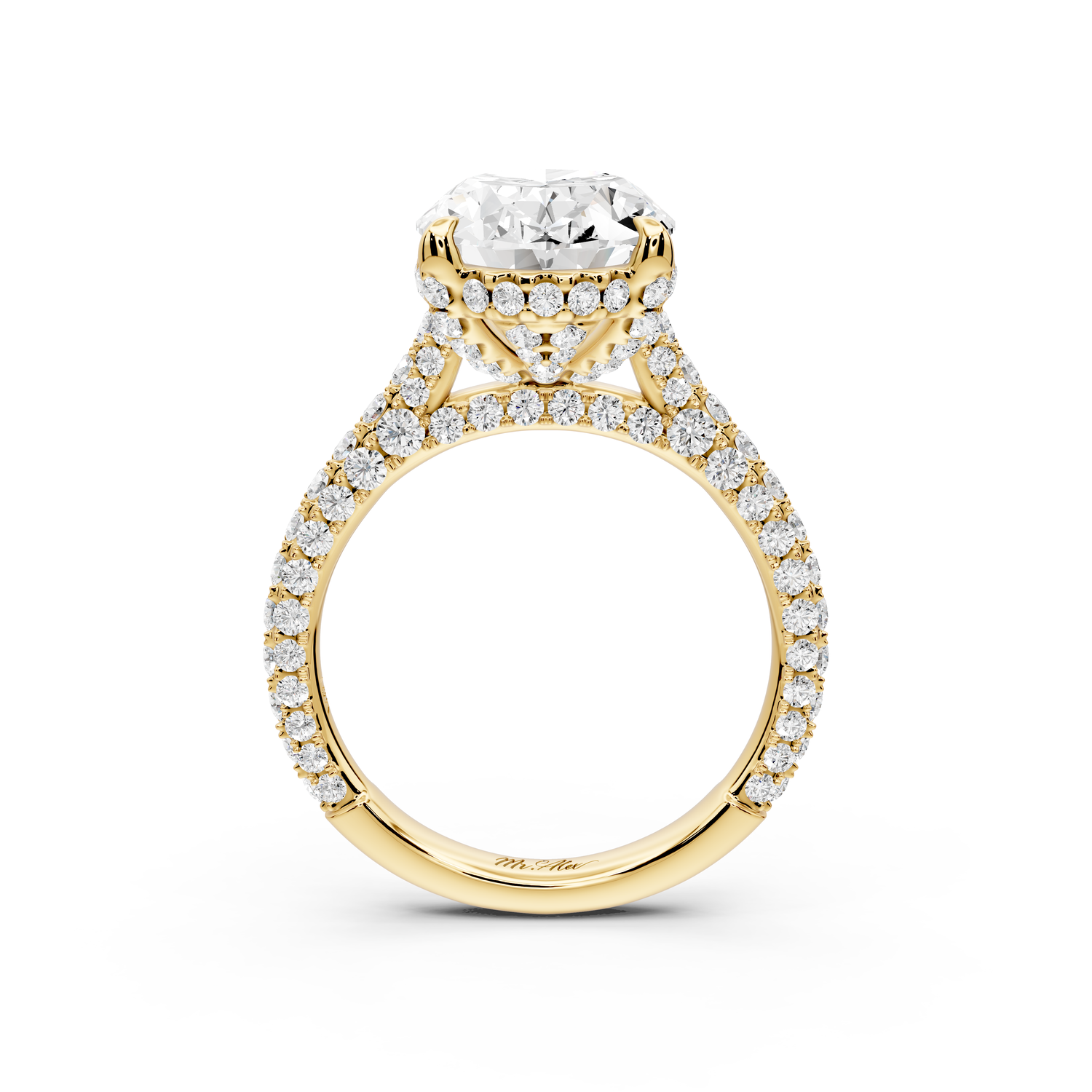 Bianca - 4ct 14k yellow gold oval Diamond hidden halo with a diamond crown and bridge rollover pave cathedral Engagement ring
