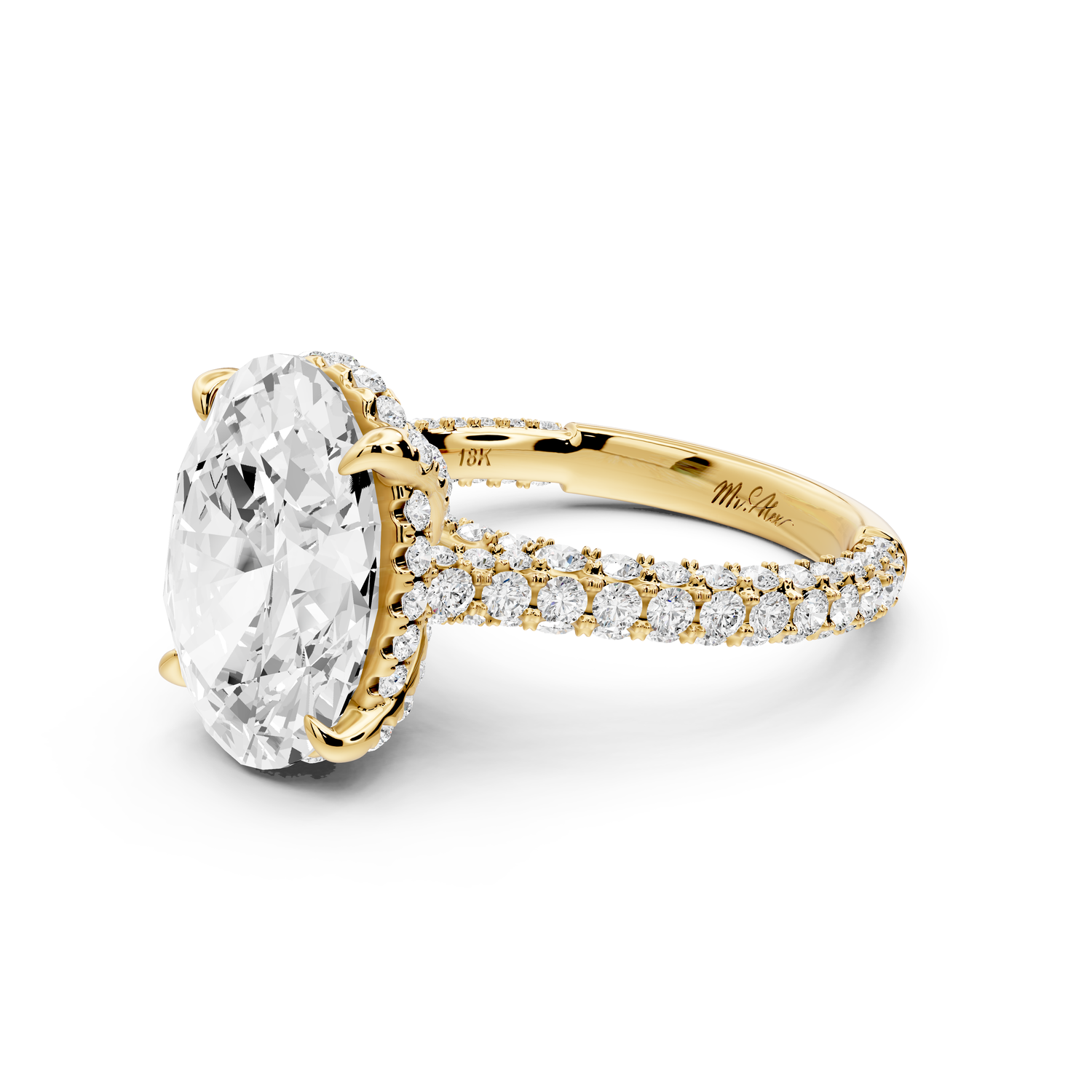 Bianca - 4ct 14k yellow gold oval Diamond hidden halo with a diamond crown and bridge rollover pave cathedral Engagement ring