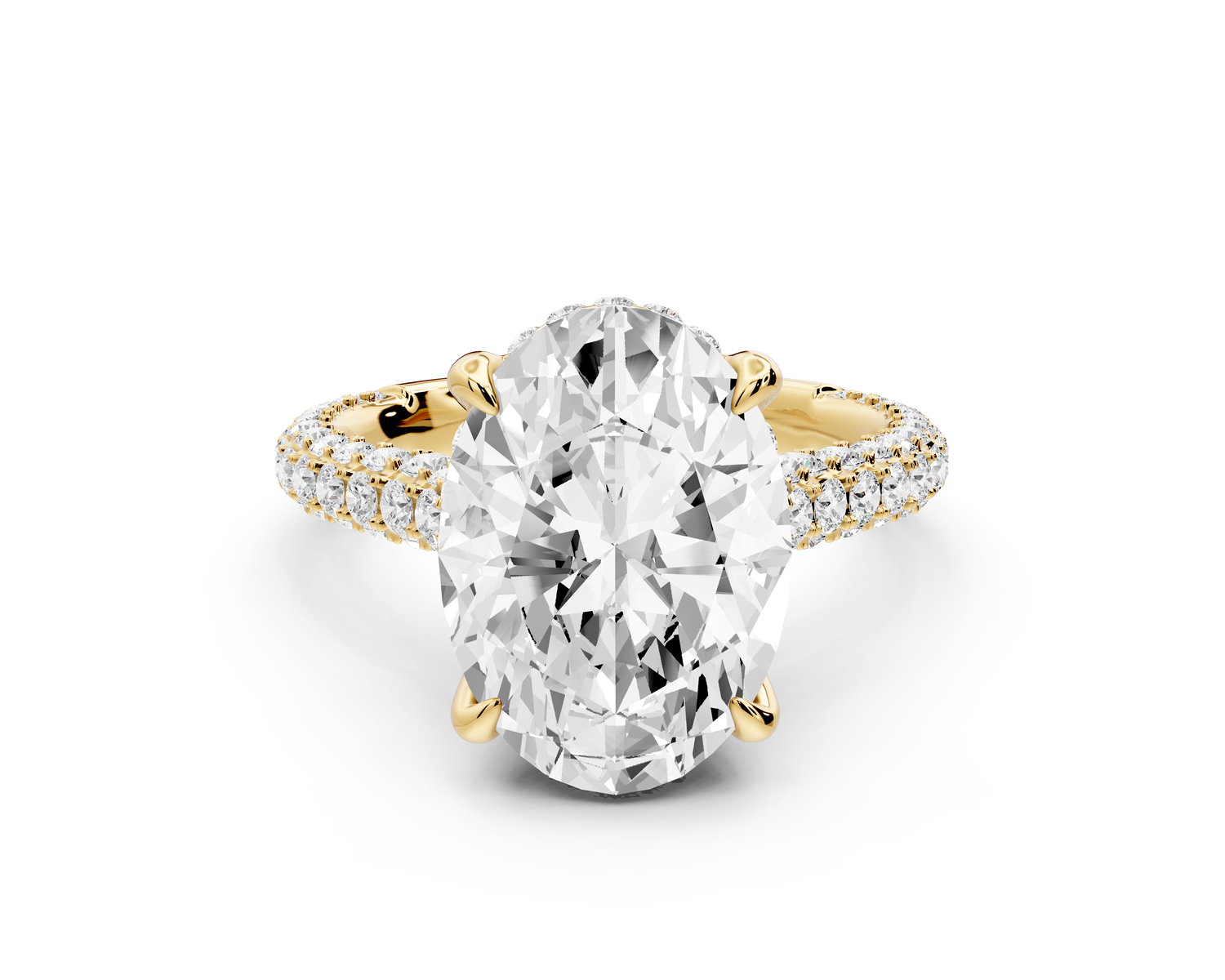 Bianca - 4ct 14k yellow gold oval Diamond hidden halo with a diamond crown and bridge rollover pave cathedral Engagement ring