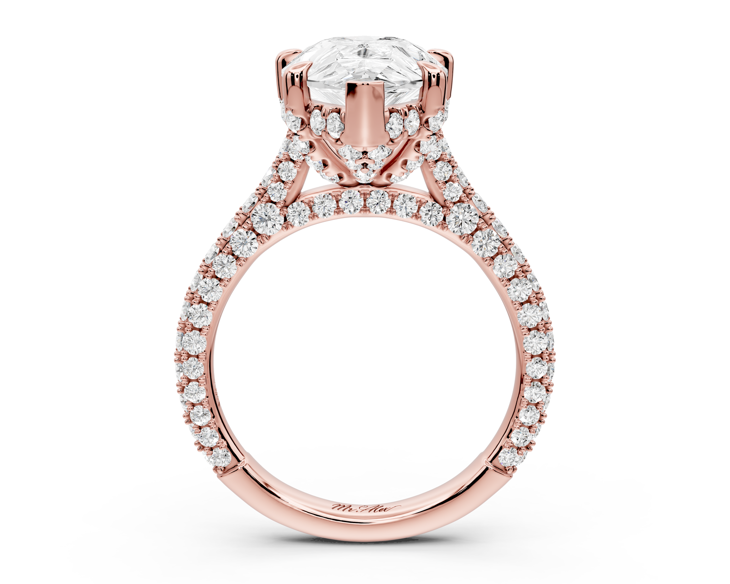 Bianca - 4ct 14k rose gold pear Diamond hidden halo with a diamond crown and bridge rollover pave cathedral Engagement ring