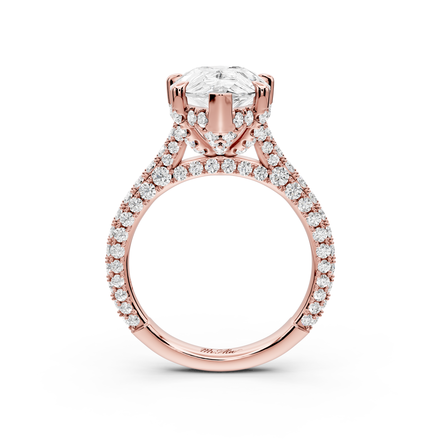 Bianca - 4ct 14k rose gold pear Diamond hidden halo with a diamond crown and bridge rollover pave cathedral Engagement ring