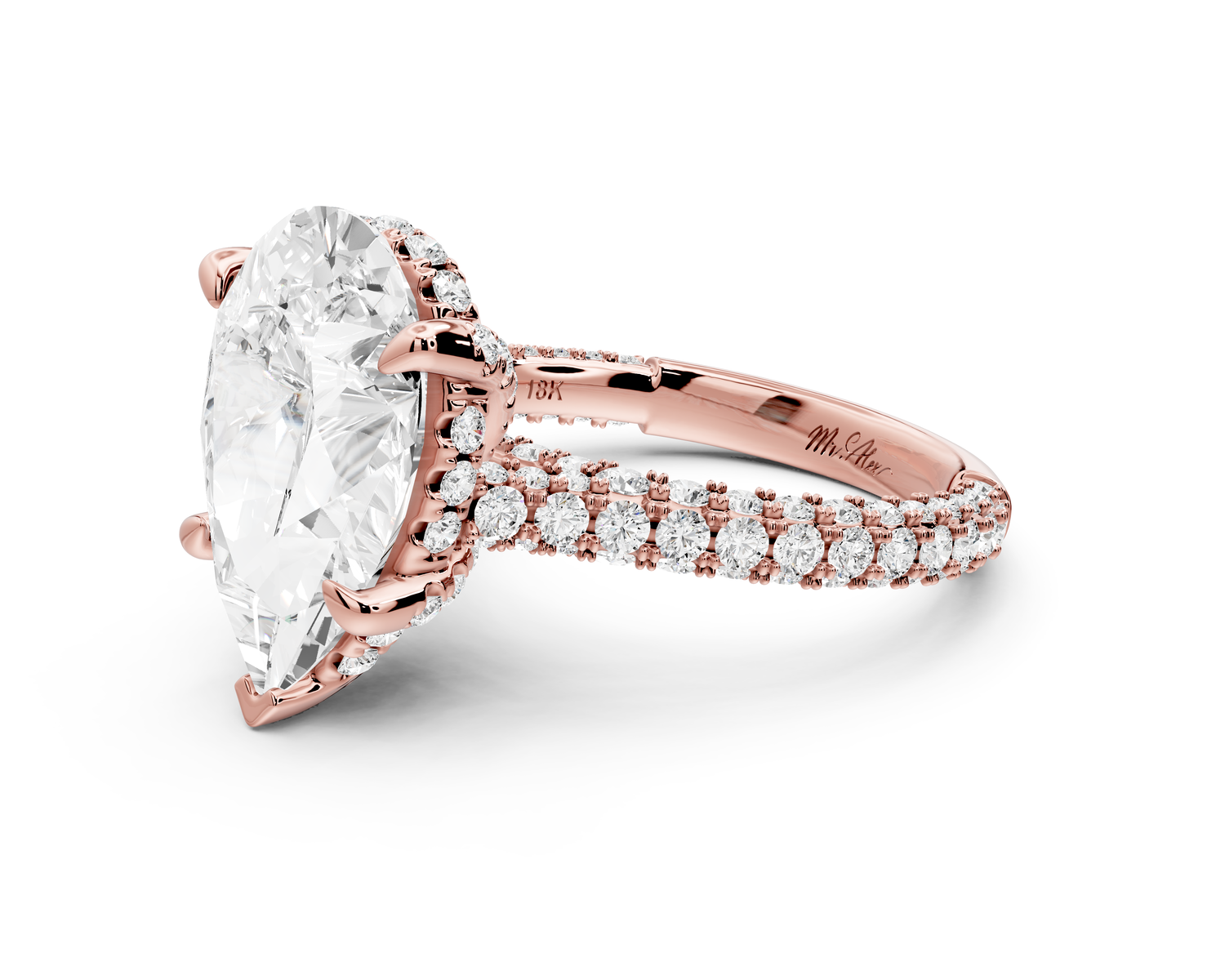 Bianca - 4ct 14k rose gold pear Diamond hidden halo with a diamond crown and bridge rollover pave cathedral Engagement ring
