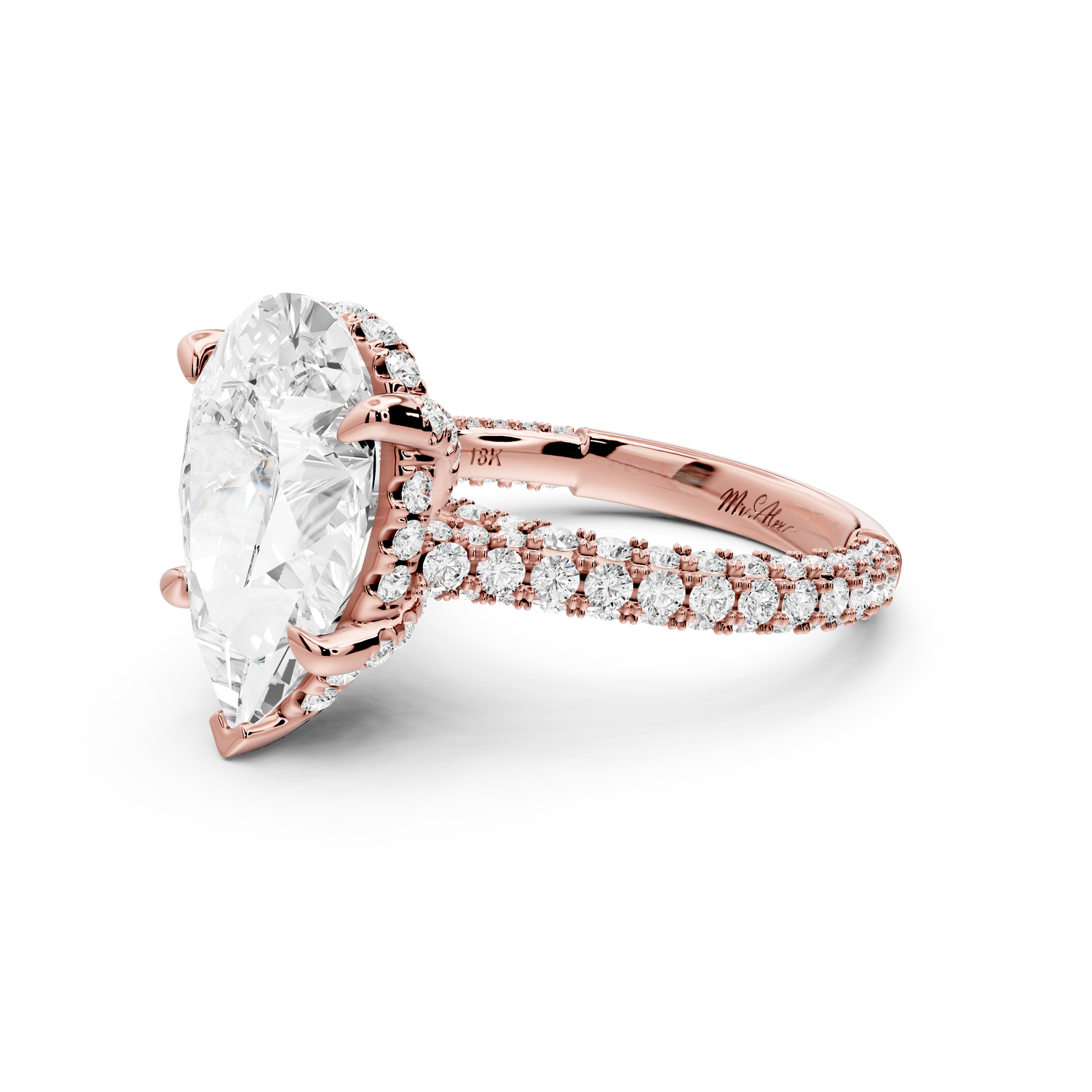 Bianca - 4ct 14k rose gold pear Diamond hidden halo with a diamond crown and bridge rollover pave cathedral Engagement ring
