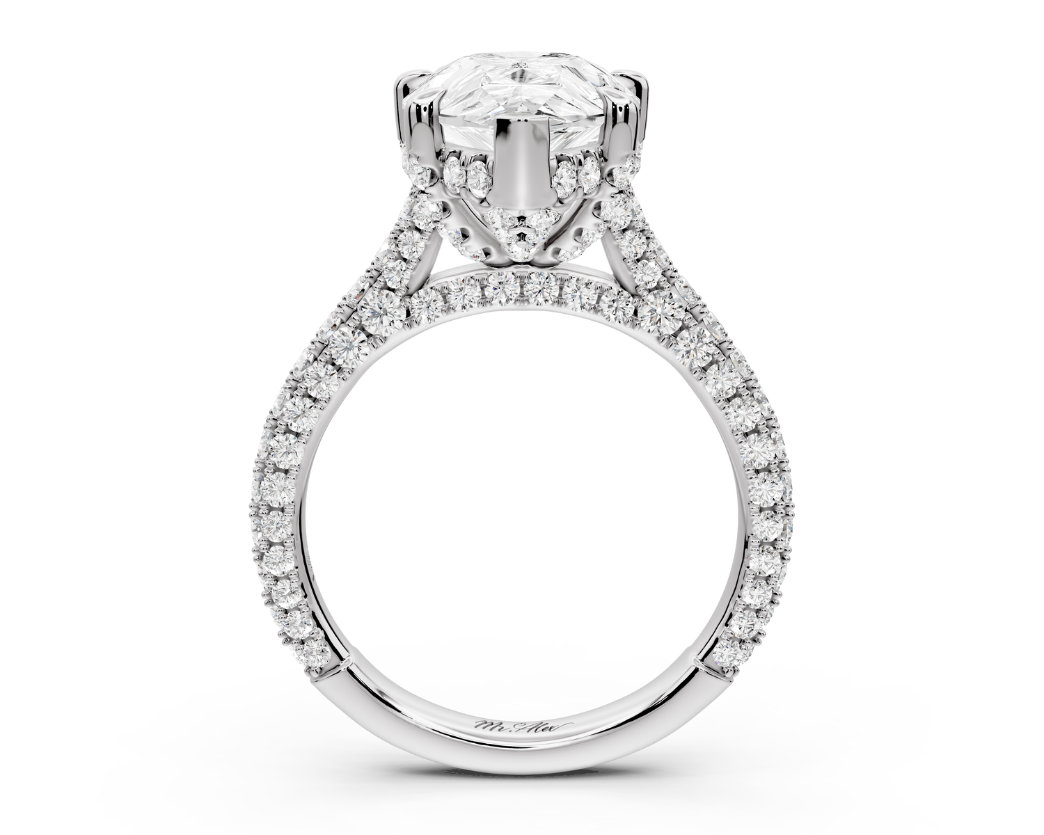 Bianca - 4ct 14k white gold pear Diamond hidden halo with a diamond crown and bridge rollover pave cathedral Engagement ring