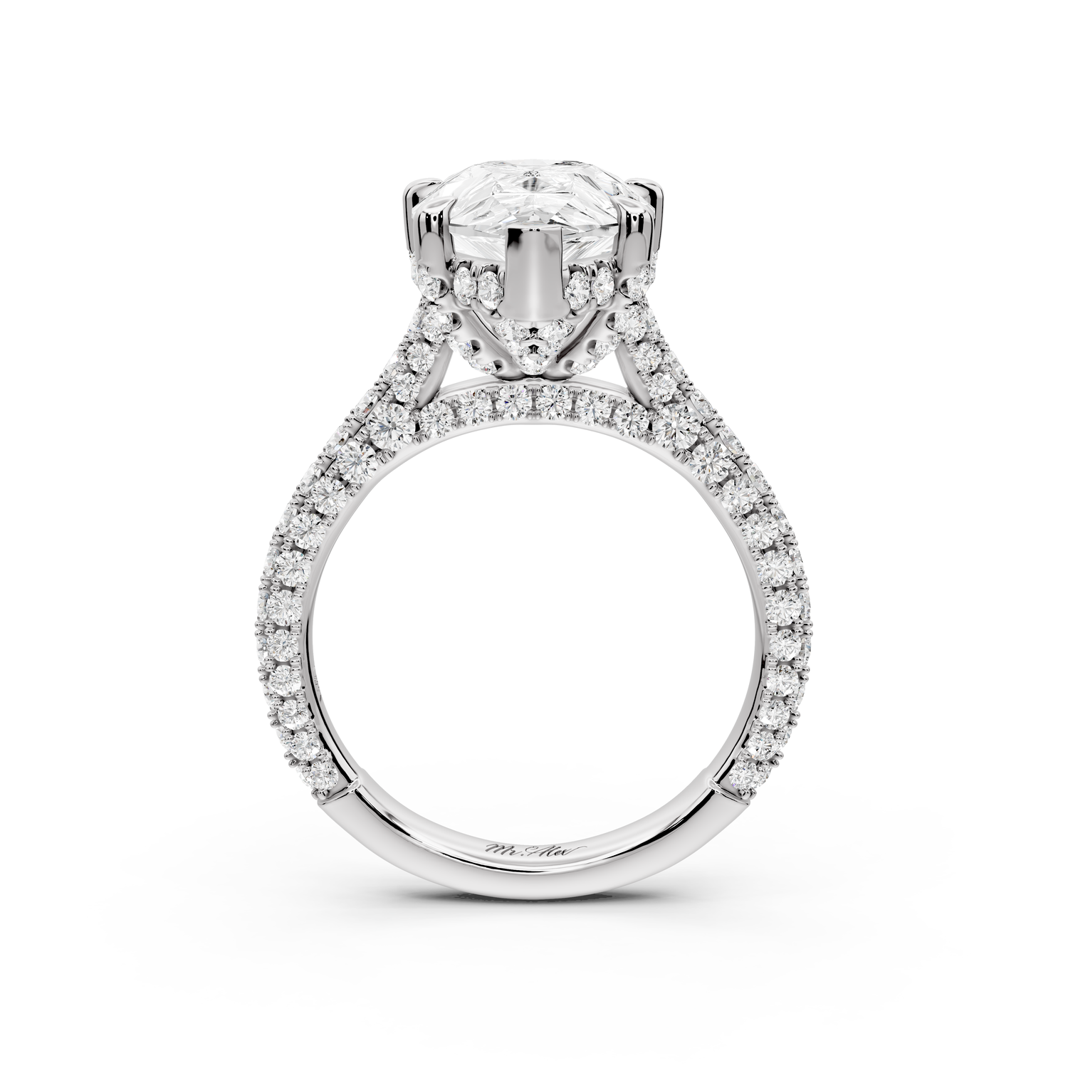 Bianca - 4ct 14k white gold pear Diamond hidden halo with a diamond crown and bridge rollover pave cathedral Engagement ring