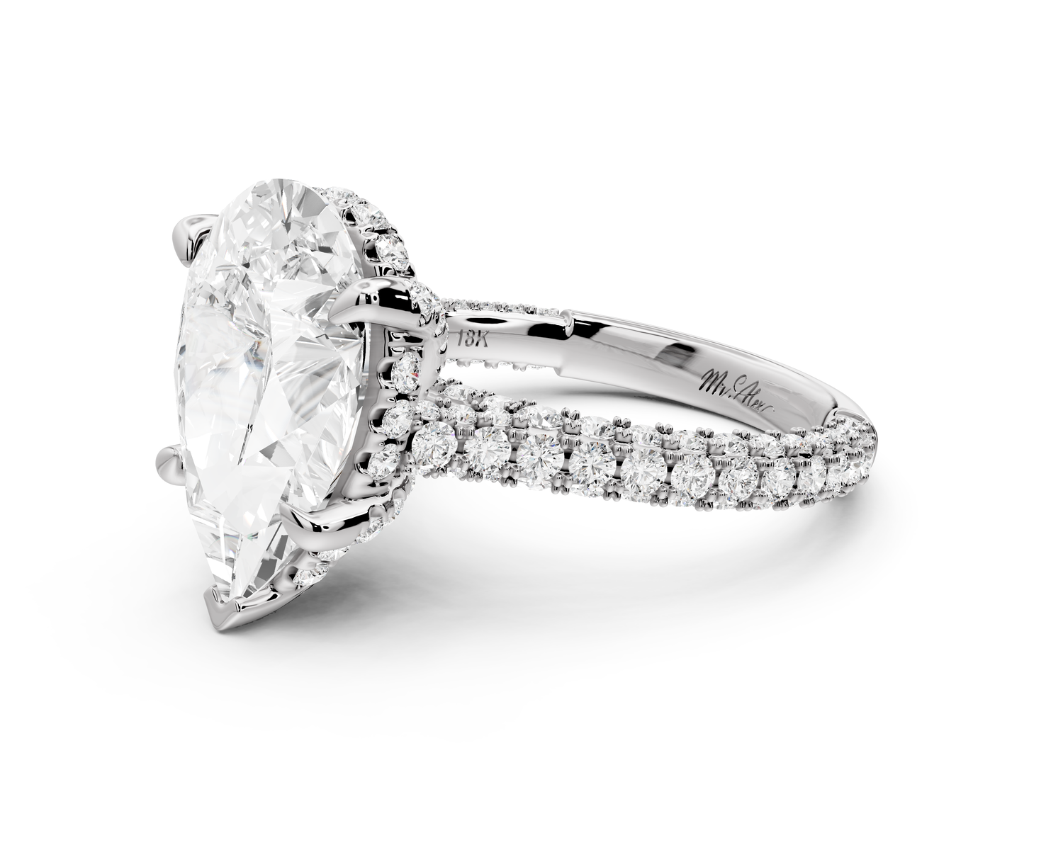 Bianca - 4ct 14k white gold pear Diamond hidden halo with a diamond crown and bridge rollover pave cathedral Engagement ring