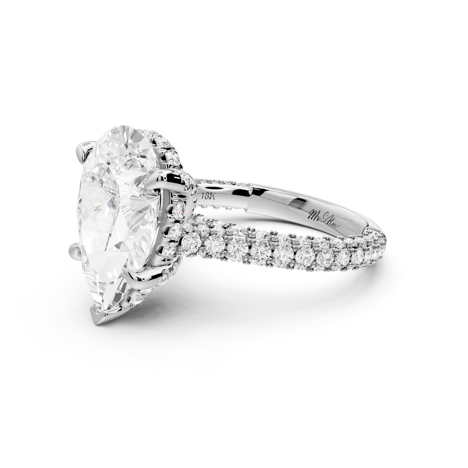 Bianca - 4ct 14k white gold pear Diamond hidden halo with a diamond crown and bridge rollover pave cathedral Engagement ring