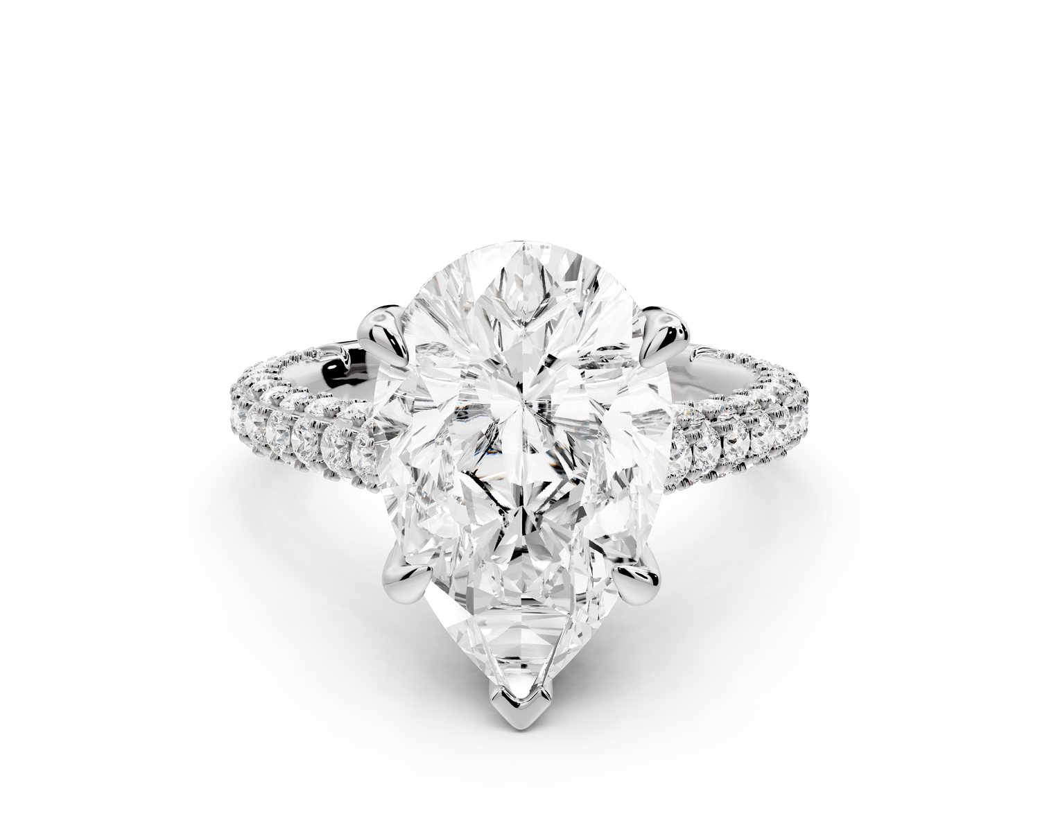 Bianca - 4ct platinum pear Diamond hidden halo with a diamond crown and bridge rollover pave cathedral Engagement ring