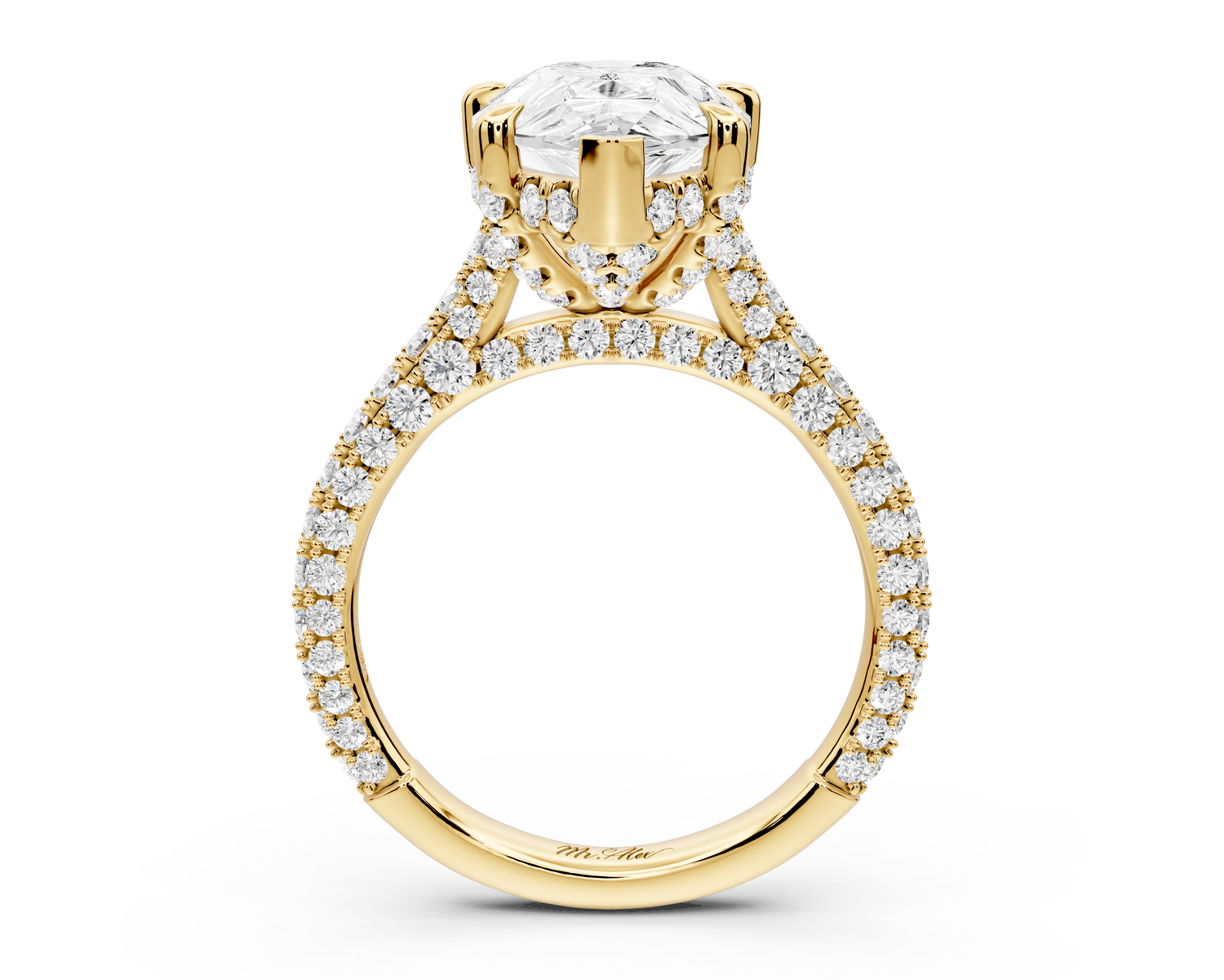 Bianca - 4ct 14k yellow gold pear Diamond hidden halo with a diamond crown and bridge rollover pave cathedral Engagement ring