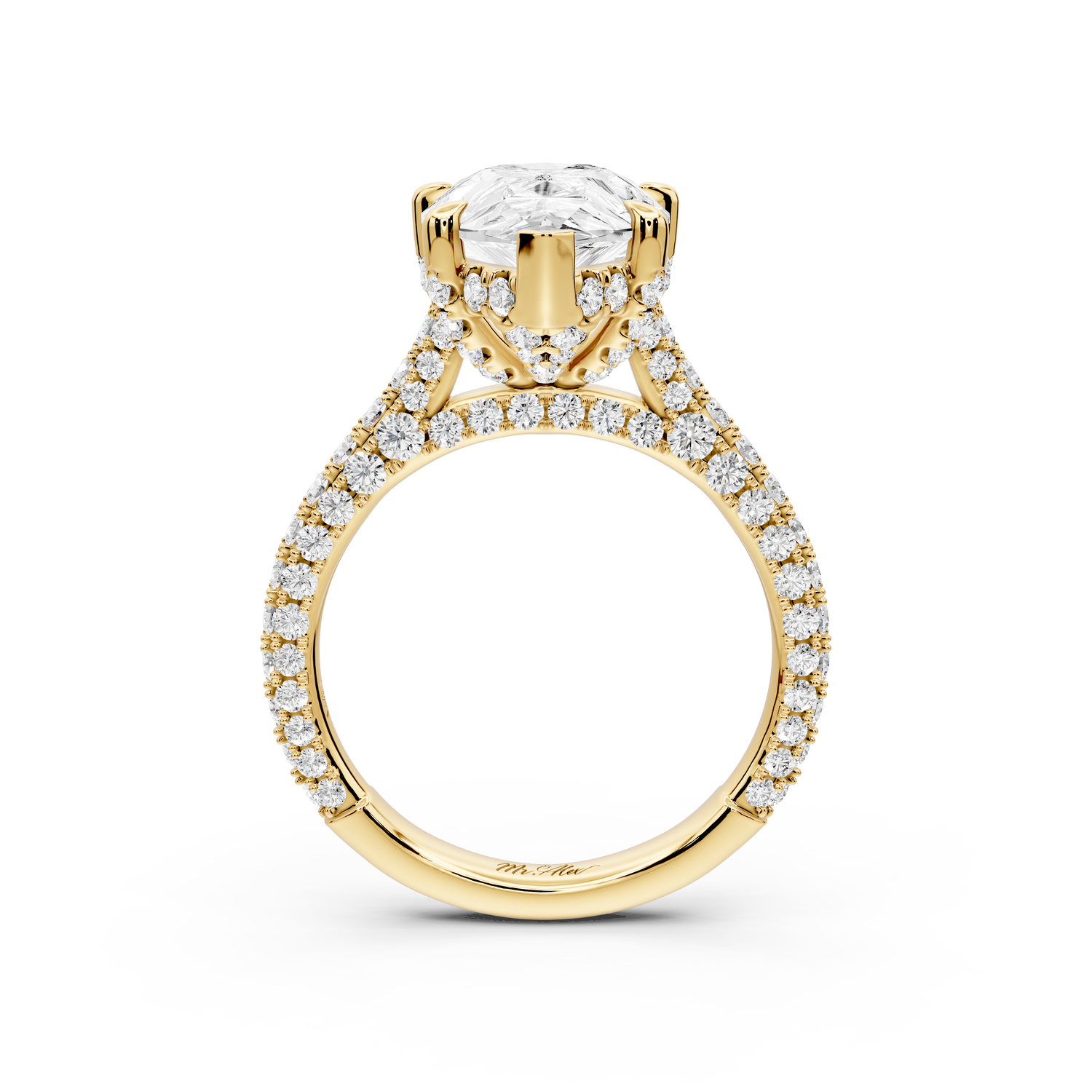 Bianca - 4ct 14k yellow gold pear Diamond hidden halo with a diamond crown and bridge rollover pave cathedral Engagement ring