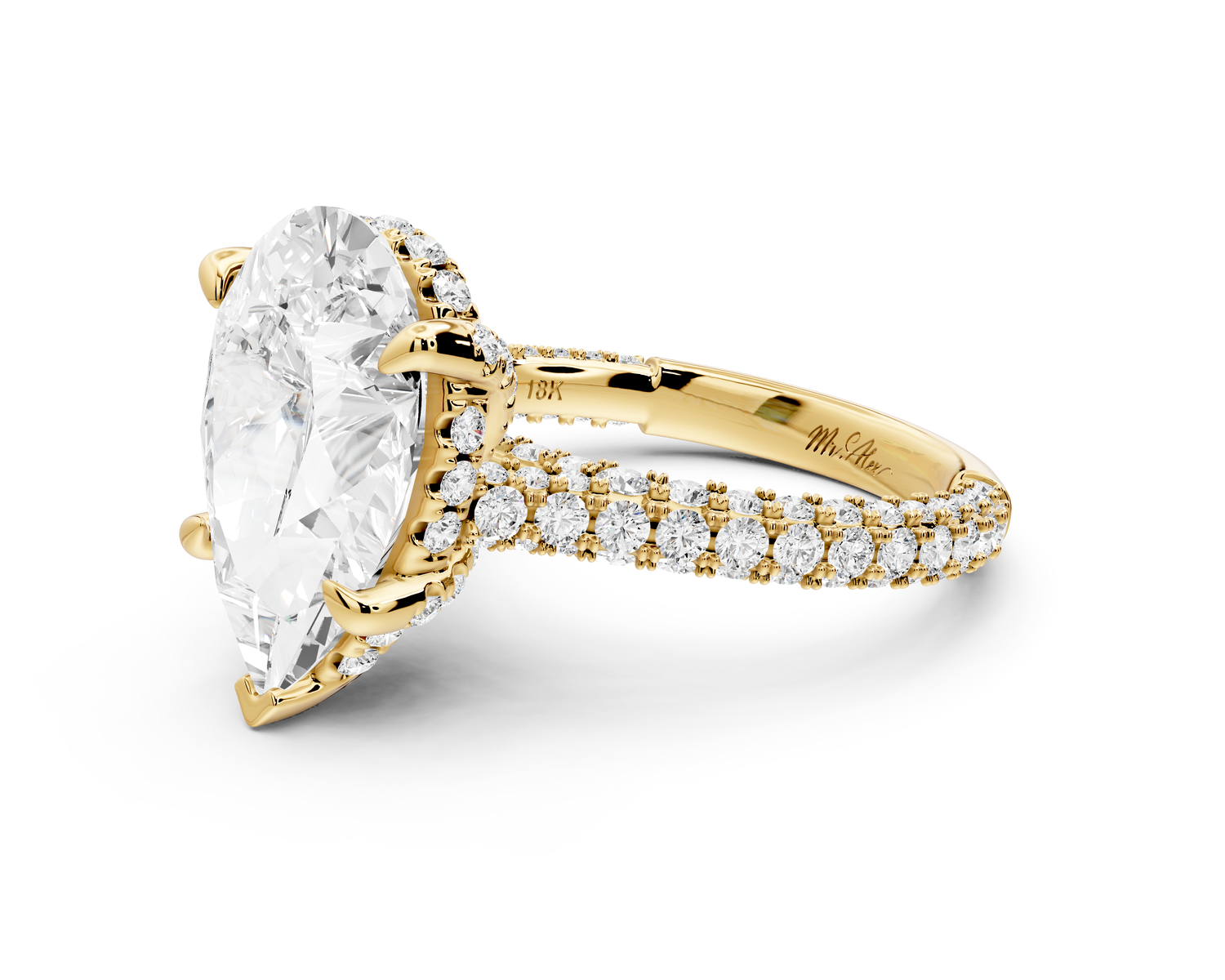 Bianca - 4ct 14k yellow gold pear Diamond hidden halo with a diamond crown and bridge rollover pave cathedral Engagement ring