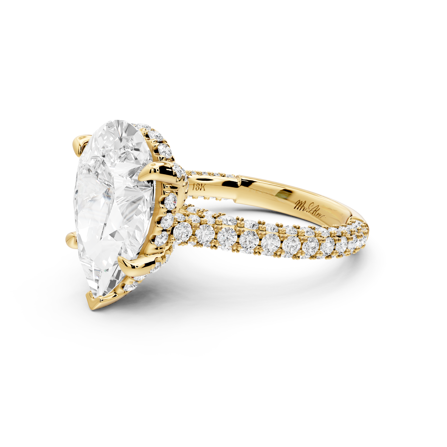 Bianca - 4ct 14k yellow gold pear Diamond hidden halo with a diamond crown and bridge rollover pave cathedral Engagement ring
