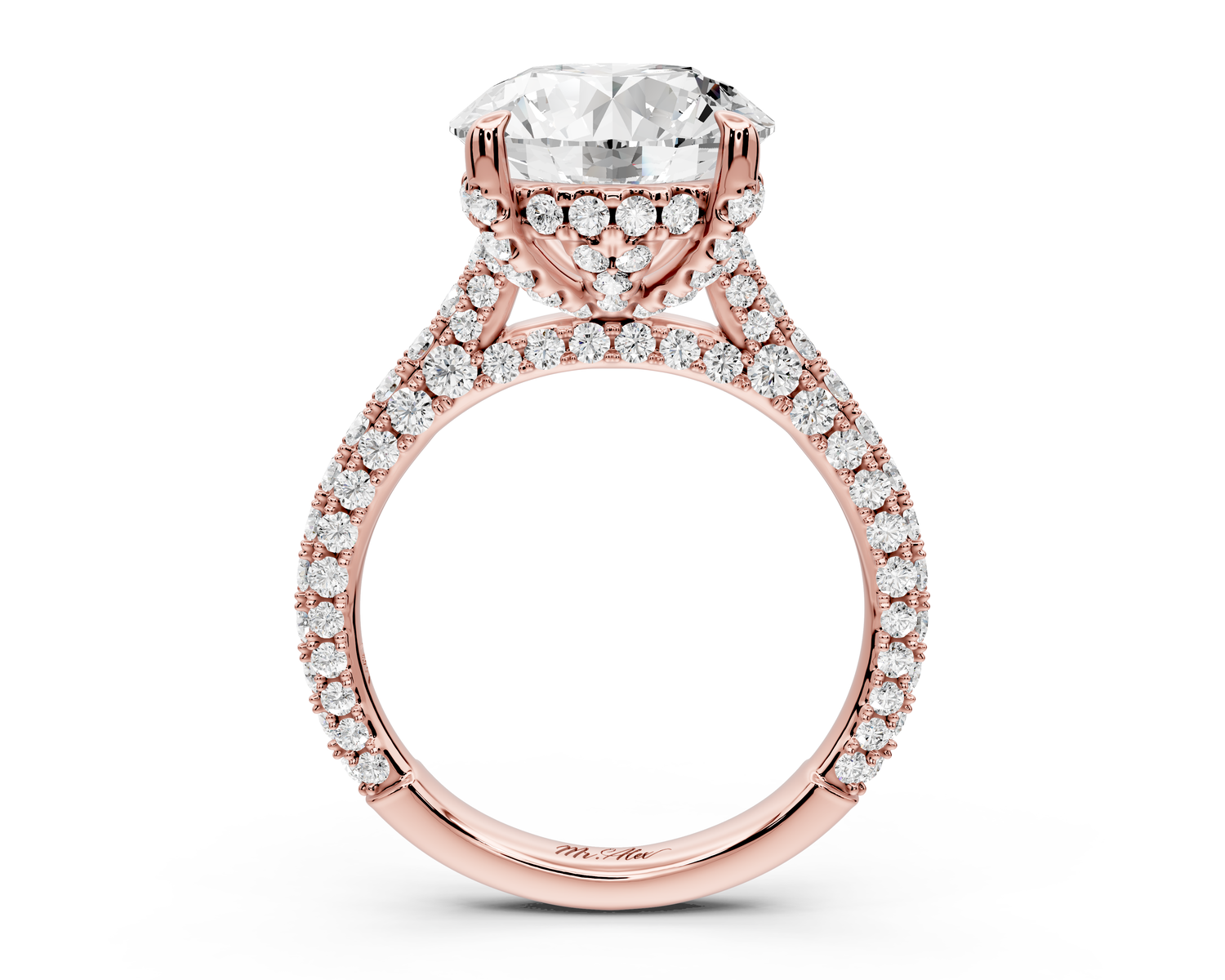 Bianca - 4ct 14k rose gold round Diamond hidden halo with a diamond crown and bridge rollover pave cathedral engagment ring
