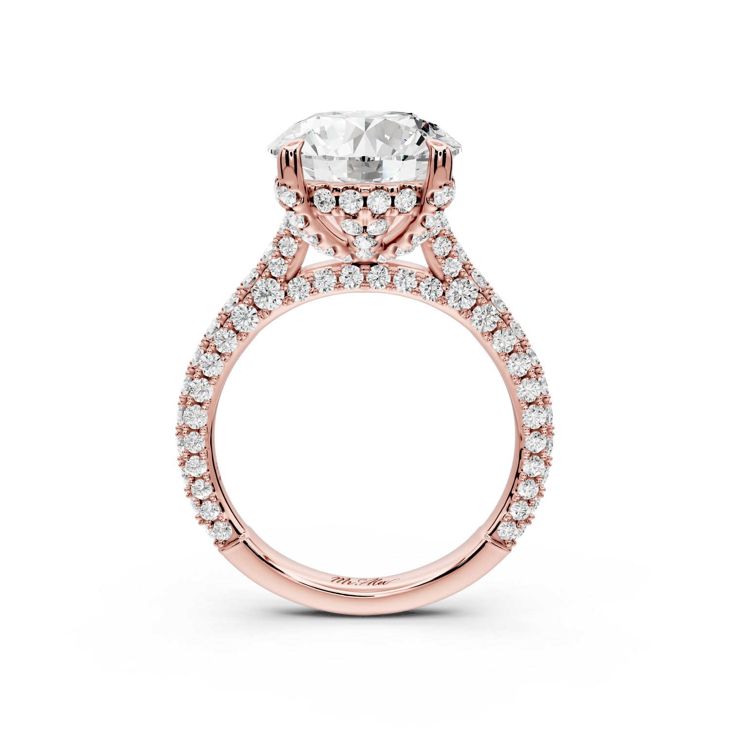Bianca - 4ct 14k rose gold round Diamond hidden halo with a diamond crown and bridge rollover pave cathedral engagment ring