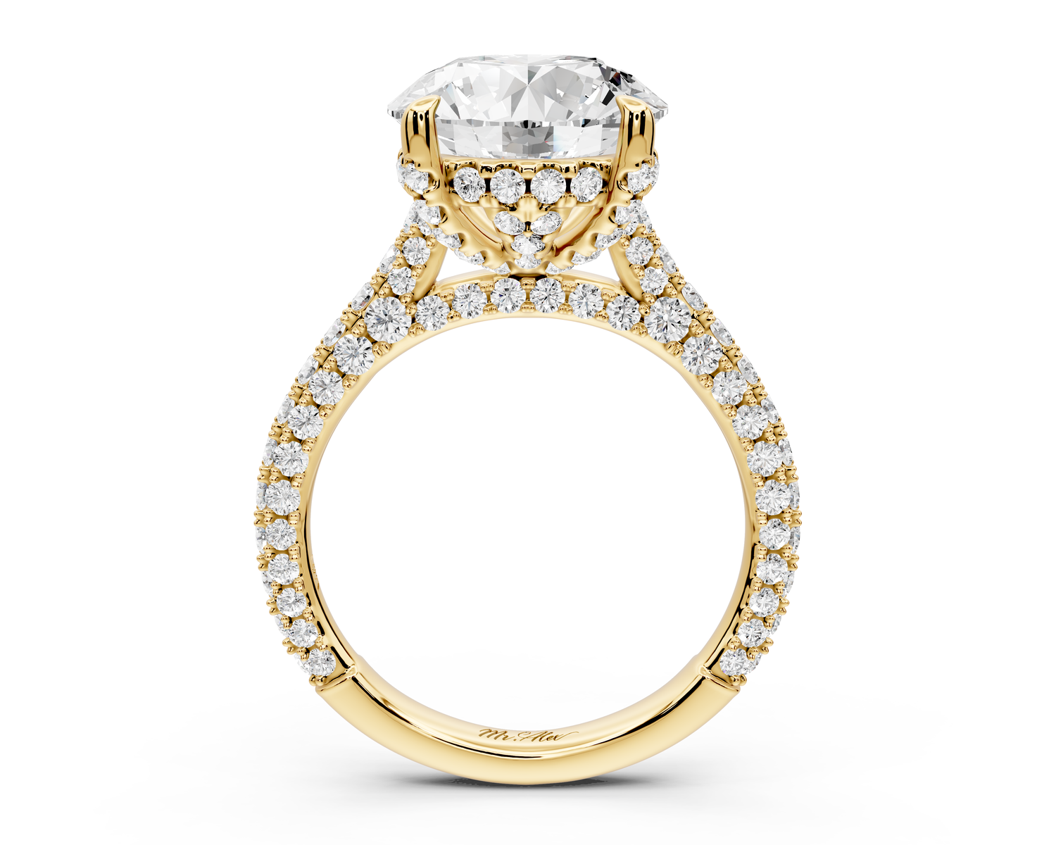 Bianca - 4ct 14k yellow gold round Diamond hidden halo with a diamond crown and bridge rollover pave cathedral engagment ring