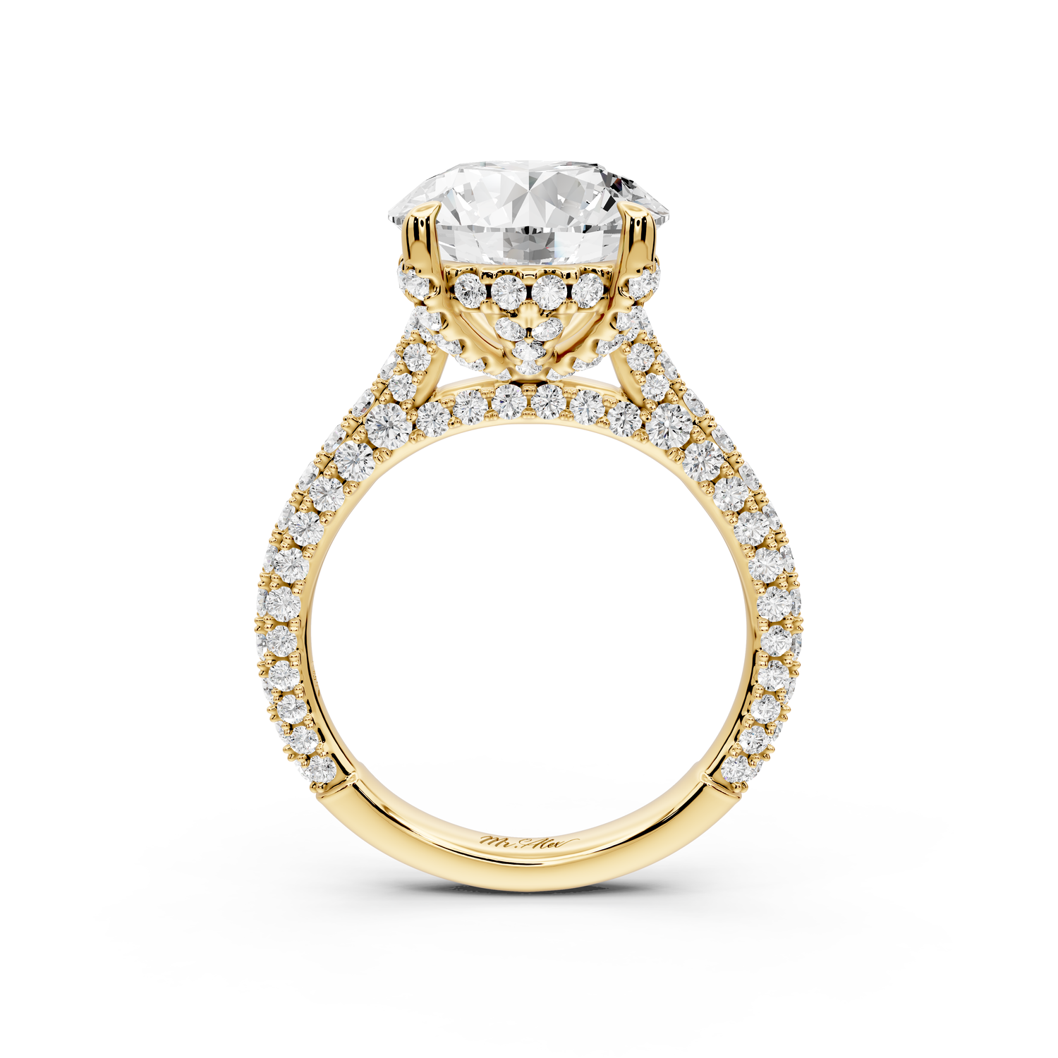 Bianca - 4ct 14k yellow gold round Diamond hidden halo with a diamond crown and bridge rollover pave cathedral engagment ring