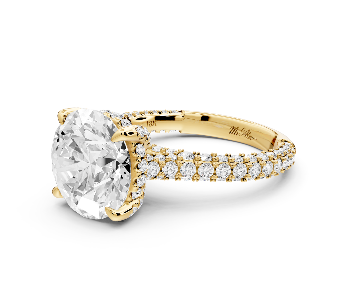 Bianca - 4ct 14k yellow gold round Diamond hidden halo with a diamond crown and bridge rollover pave cathedral engagment ring