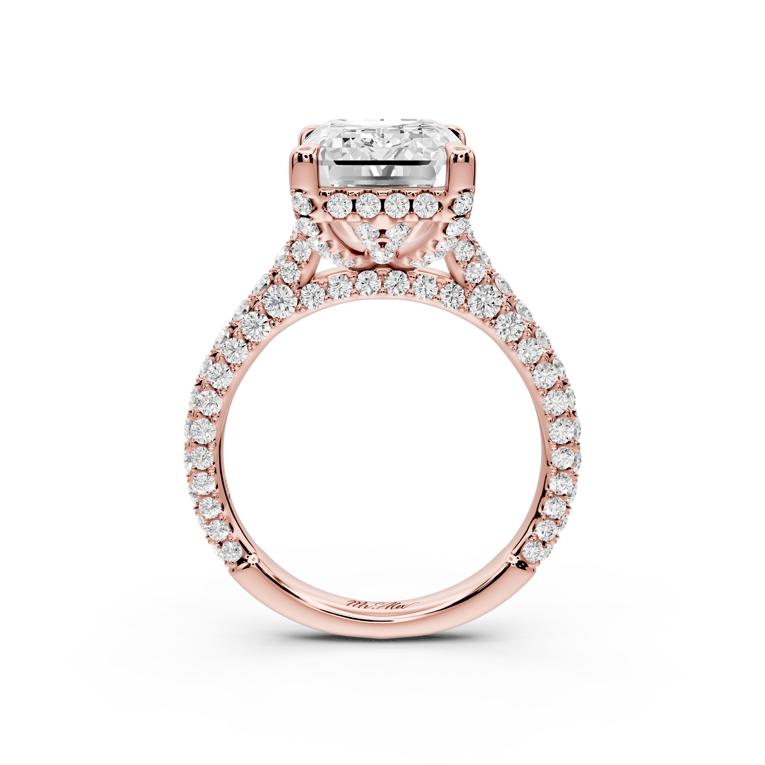 Bianca - 5ct 14k rose gold emerald Diamond hidden halo with a diamond crown and bridge rollover pave cathedral Engagement ring