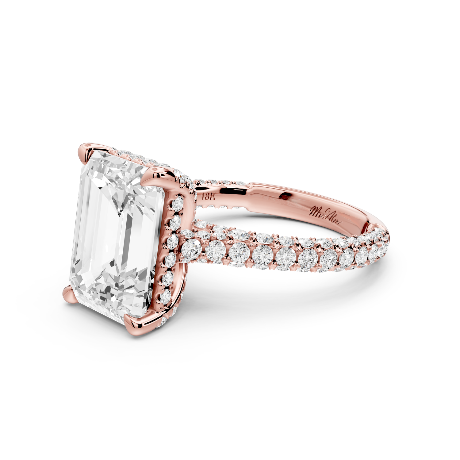 Bianca - 5ct 14k rose gold emerald Diamond hidden halo with a diamond crown and bridge rollover pave cathedral Engagement ring