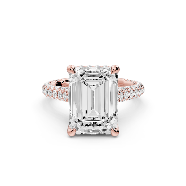 Bianca - 5ct 14k rose gold emerald Diamond hidden halo with a diamond crown and bridge rollover pave cathedral Engagement ring