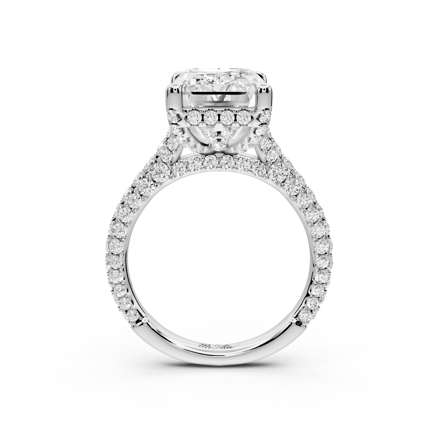 Bianca - 5ct 14k white gold emerald Diamond hidden halo with a diamond crown and bridge rollover pave cathedral Engagement ring