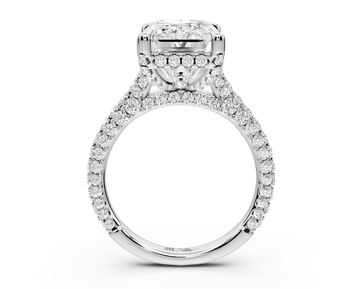 Bianca - 5ct platinum emerald Diamond hidden halo with a diamond crown and bridge rollover pave cathedral Engagement ring