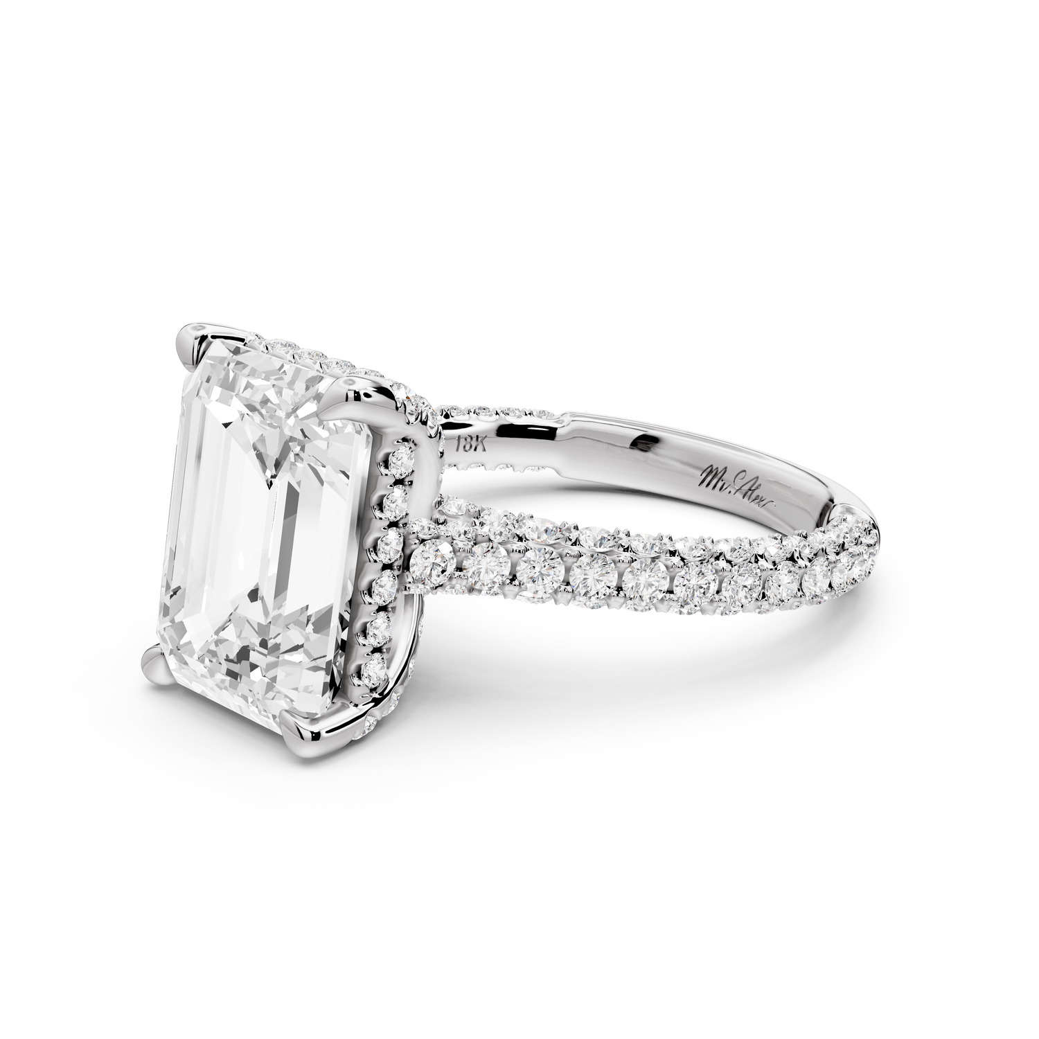 Bianca - 5ct 14k white gold emerald Diamond hidden halo with a diamond crown and bridge rollover pave cathedral Engagement ring