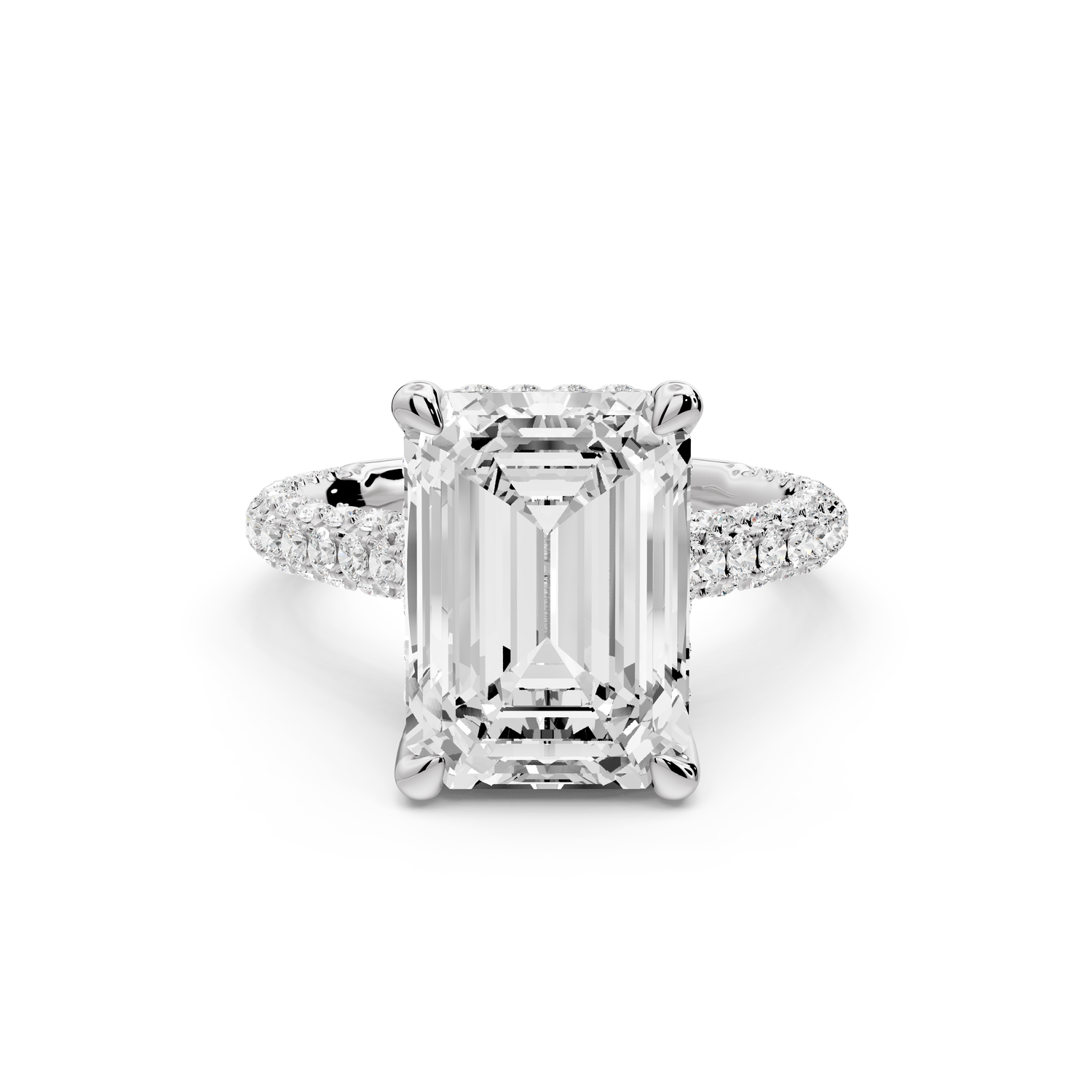 Bianca - 5ct 14k white gold emerald Diamond hidden halo with a diamond crown and bridge rollover pave cathedral Engagement ring