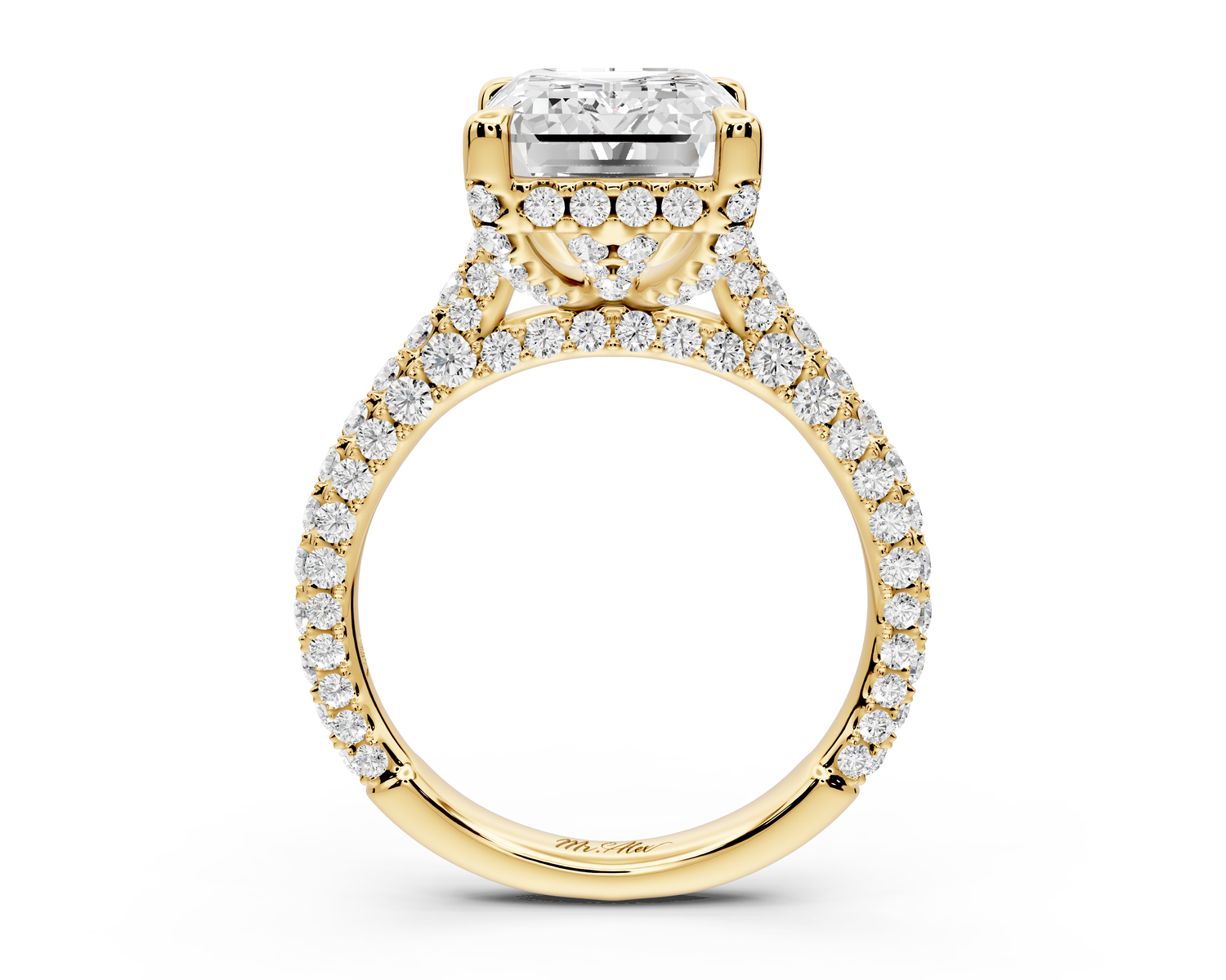 Bianca - 5ct 14k yellow gold emerald Diamond hidden halo with a diamond crown and bridge rollover pave cathedral Engagement ring