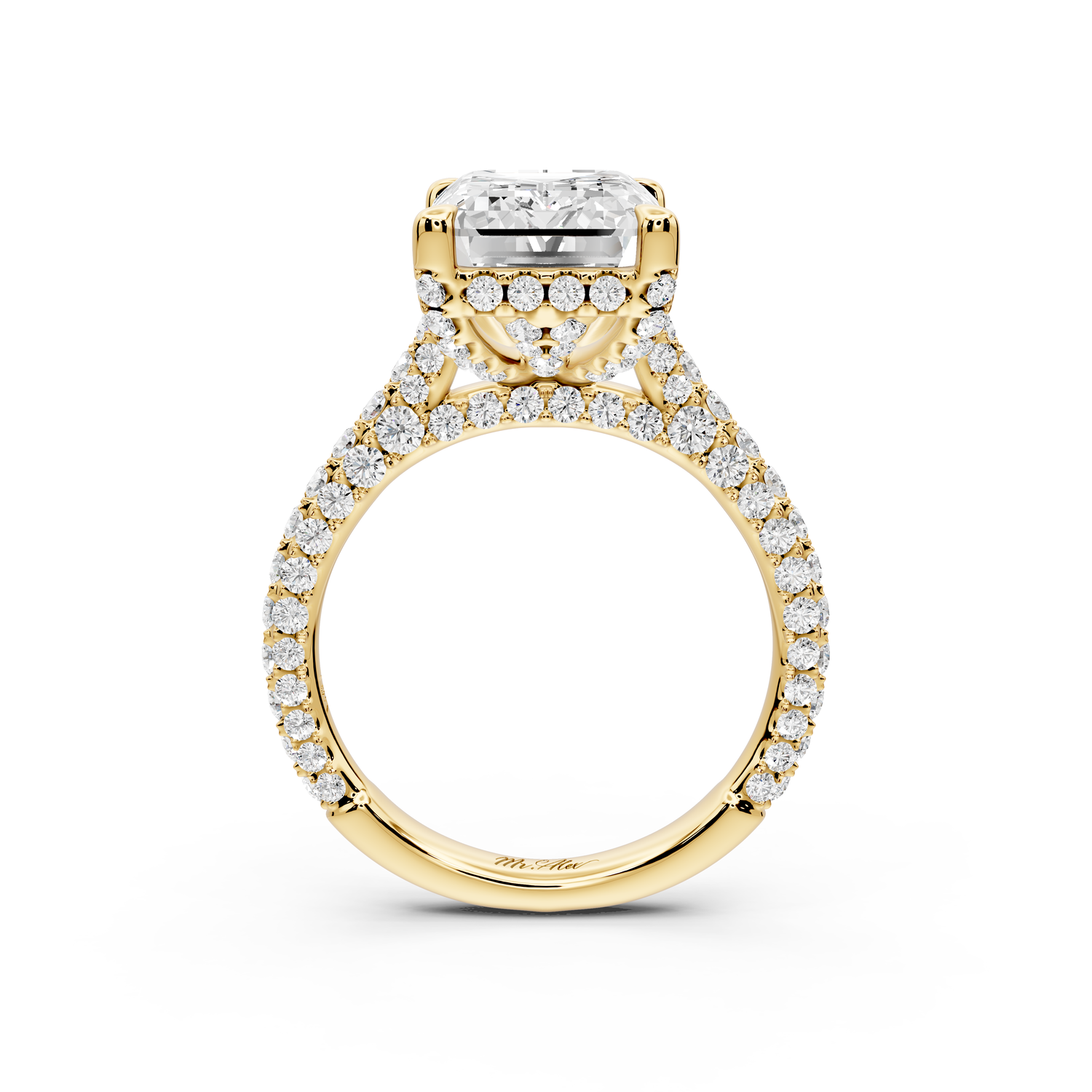 Bianca - 5ct 14k yellow gold emerald Diamond hidden halo with a diamond crown and bridge rollover pave cathedral Engagement ring
