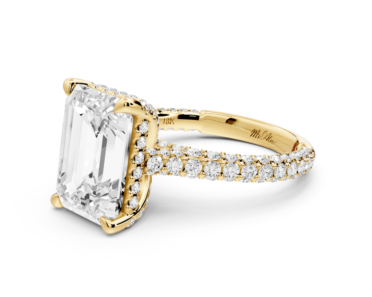 Bianca - 5ct 14k yellow gold emerald Diamond hidden halo with a diamond crown and bridge rollover pave cathedral Engagement ring