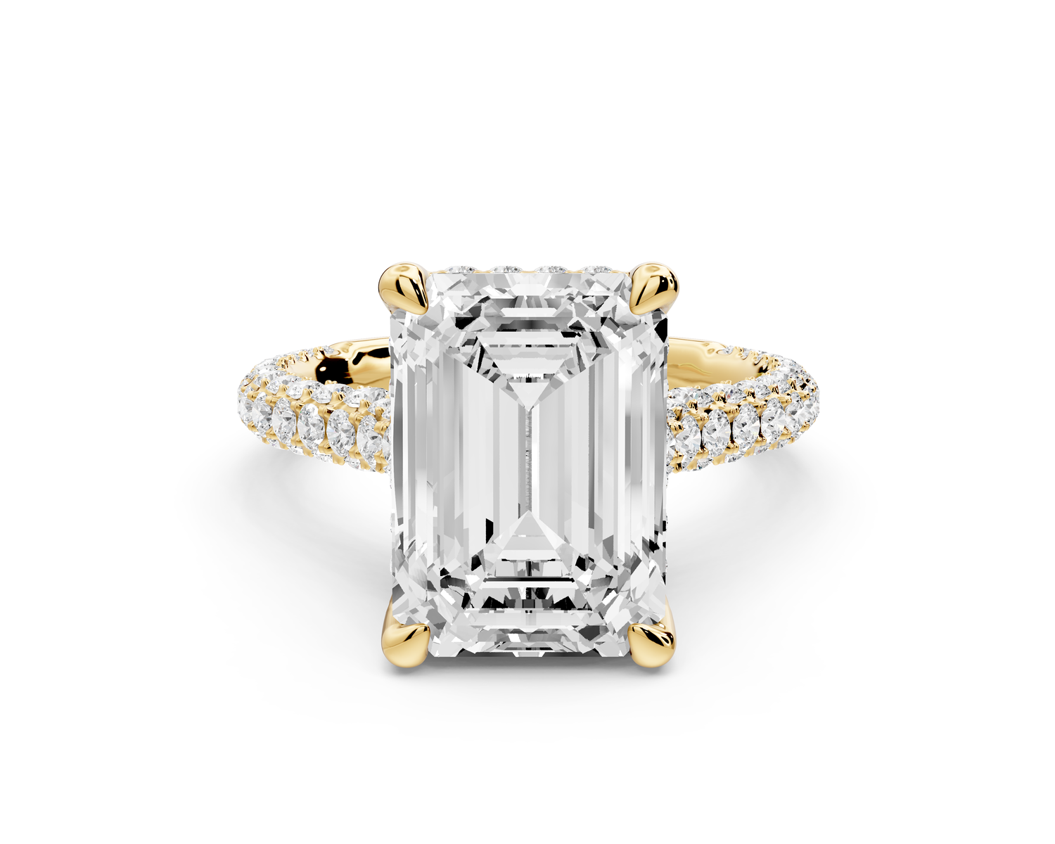 Bianca - 5ct 14k yellow gold emerald Diamond hidden halo with a diamond crown and bridge rollover pave cathedral Engagement ring