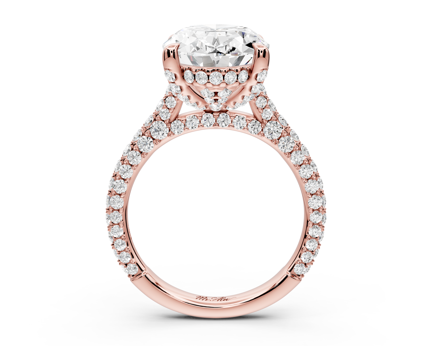 Bianca - 5ct 14k rose gold oval Diamond hidden halo with a diamond crown and bridge rollover pave cathedral Engagement ring