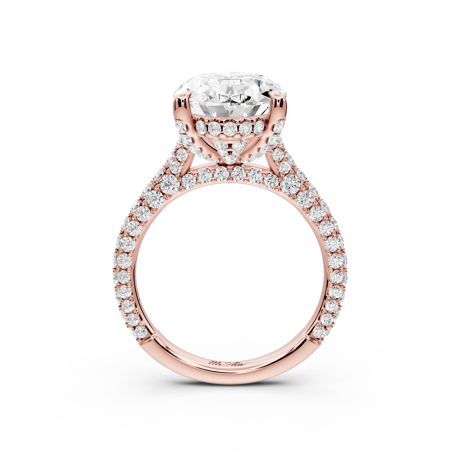 Bianca - 5ct 14k rose gold oval Diamond hidden halo with a diamond crown and bridge rollover pave cathedral Engagement ring