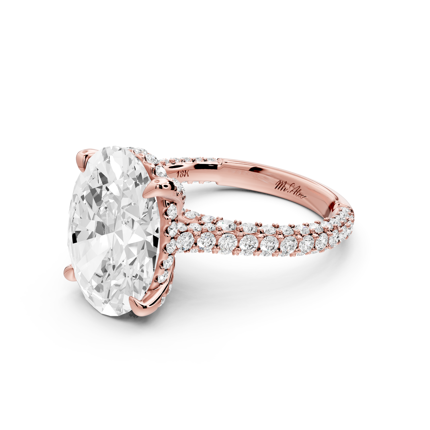 Bianca - 5ct 14k rose gold oval Diamond hidden halo with a diamond crown and bridge rollover pave cathedral Engagement ring