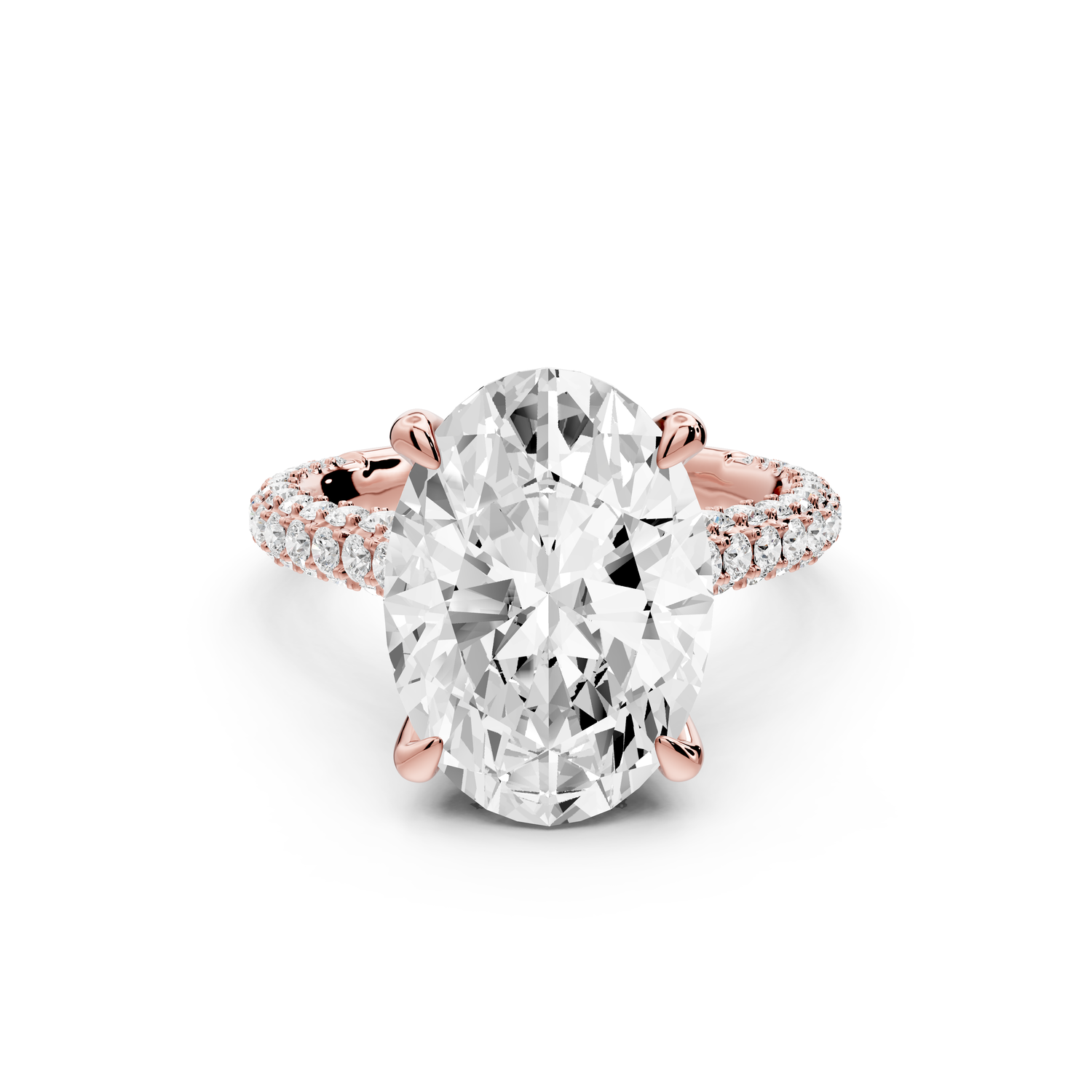 Bianca - 5ct 14k rose gold oval Diamond hidden halo with a diamond crown and bridge rollover pave cathedral Engagement ring