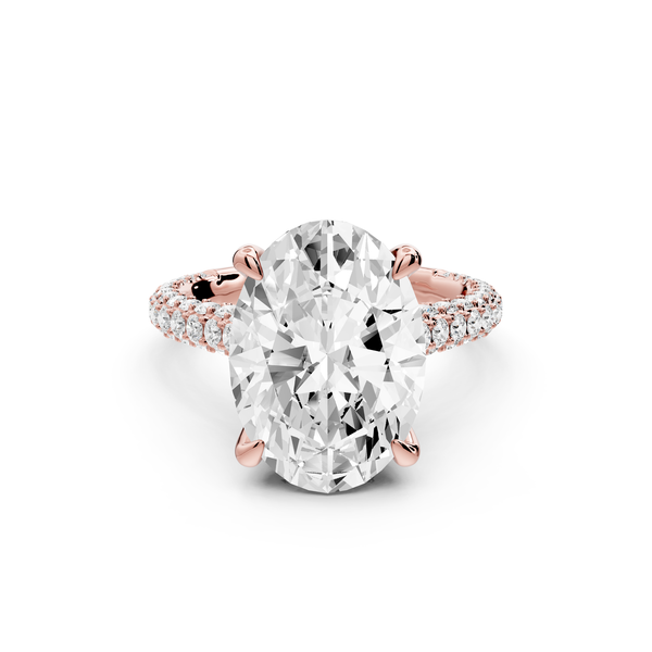 Bianca - 5ct 14k rose gold oval Diamond hidden halo with a diamond crown and bridge rollover pave cathedral Engagement ring
