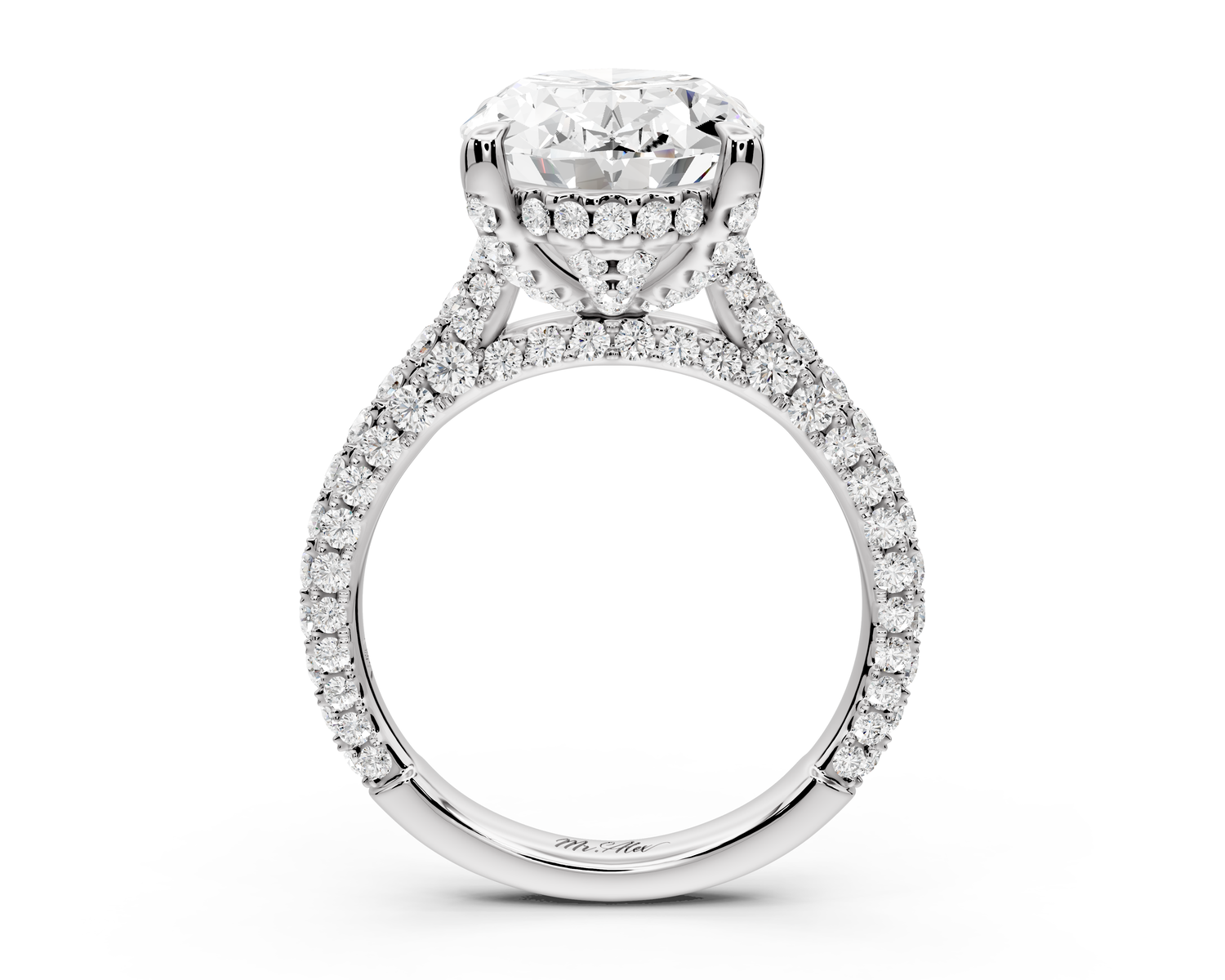 Bianca - 5ct 14k white gold oval Diamond hidden halo with a diamond crown and bridge rollover pave cathedral Engagement ring