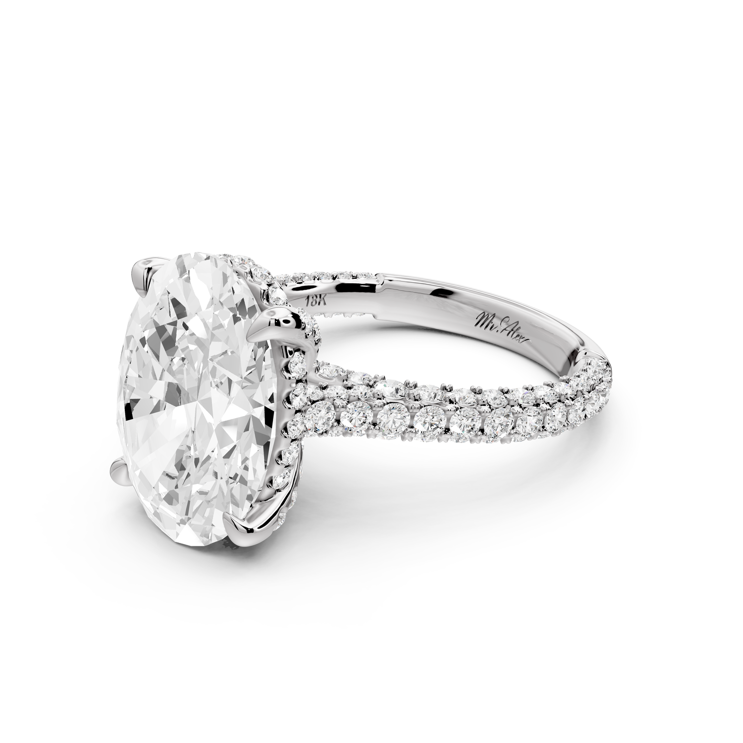 Bianca - 5ct 14k white gold oval Diamond hidden halo with a diamond crown and bridge rollover pave cathedral Engagement ring