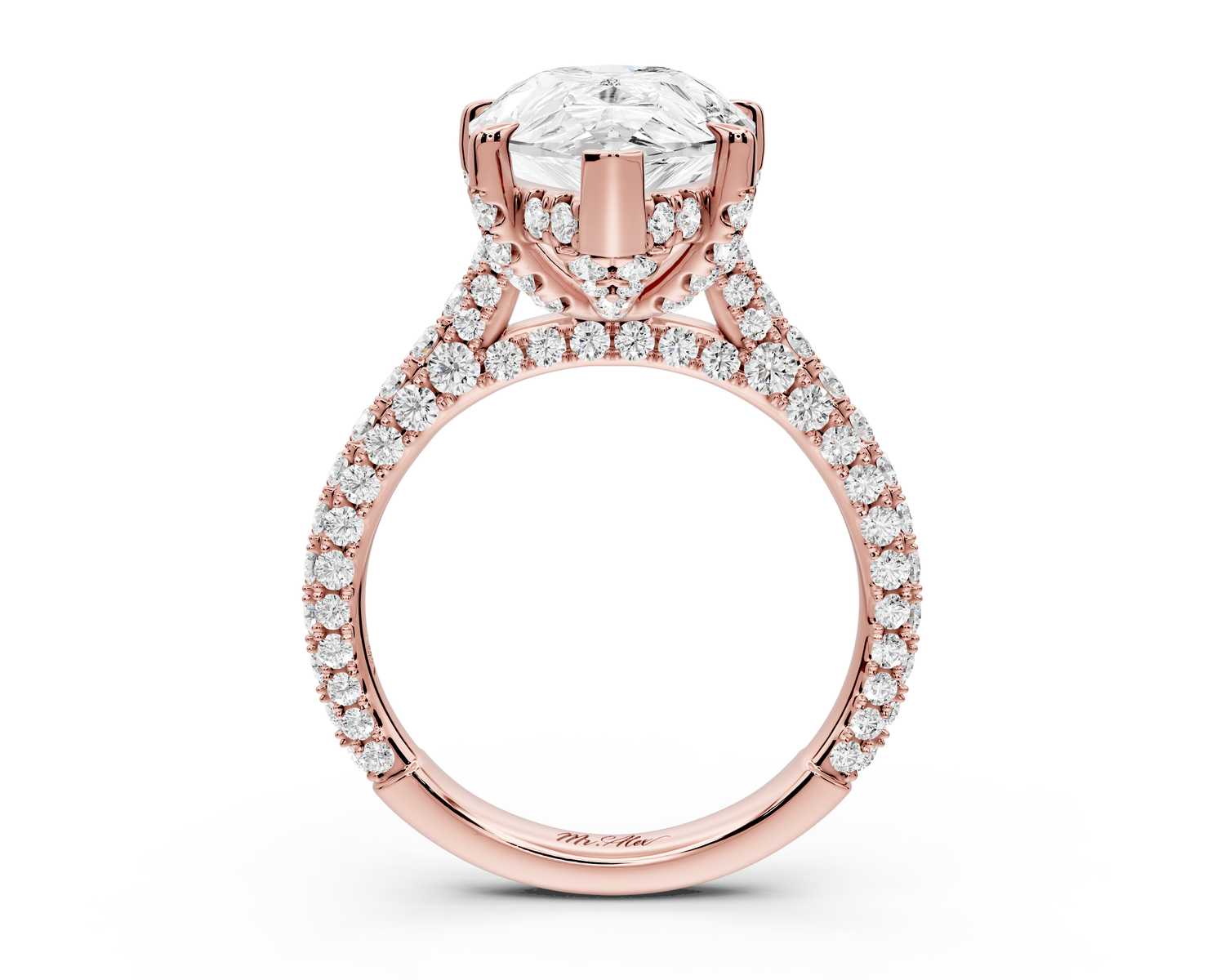 Bianca - 5ct 14k rose gold pear Diamond hidden halo with a diamond crown and bridge rollover pave cathedral Engagement ring