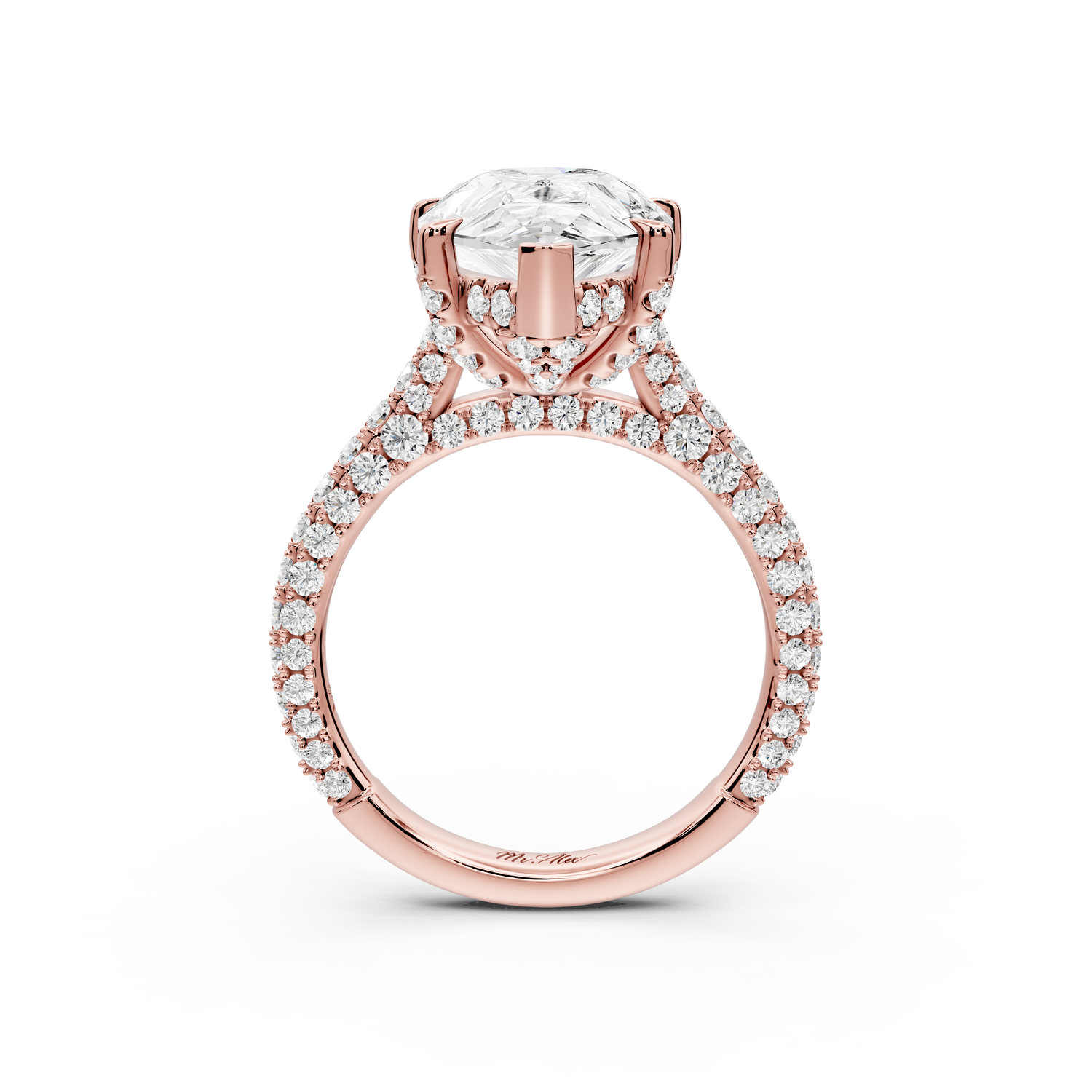 Bianca - 5ct 14k rose gold pear Diamond hidden halo with a diamond crown and bridge rollover pave cathedral Engagement ring