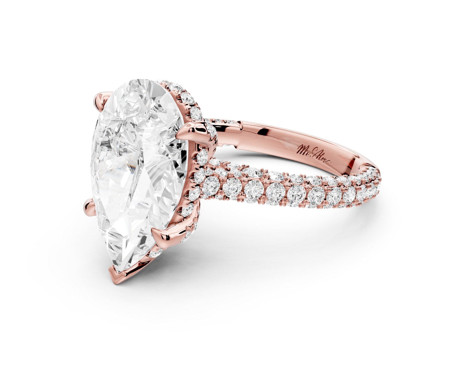 Bianca - 5ct 14k rose gold pear Diamond hidden halo with a diamond crown and bridge rollover pave cathedral Engagement ring