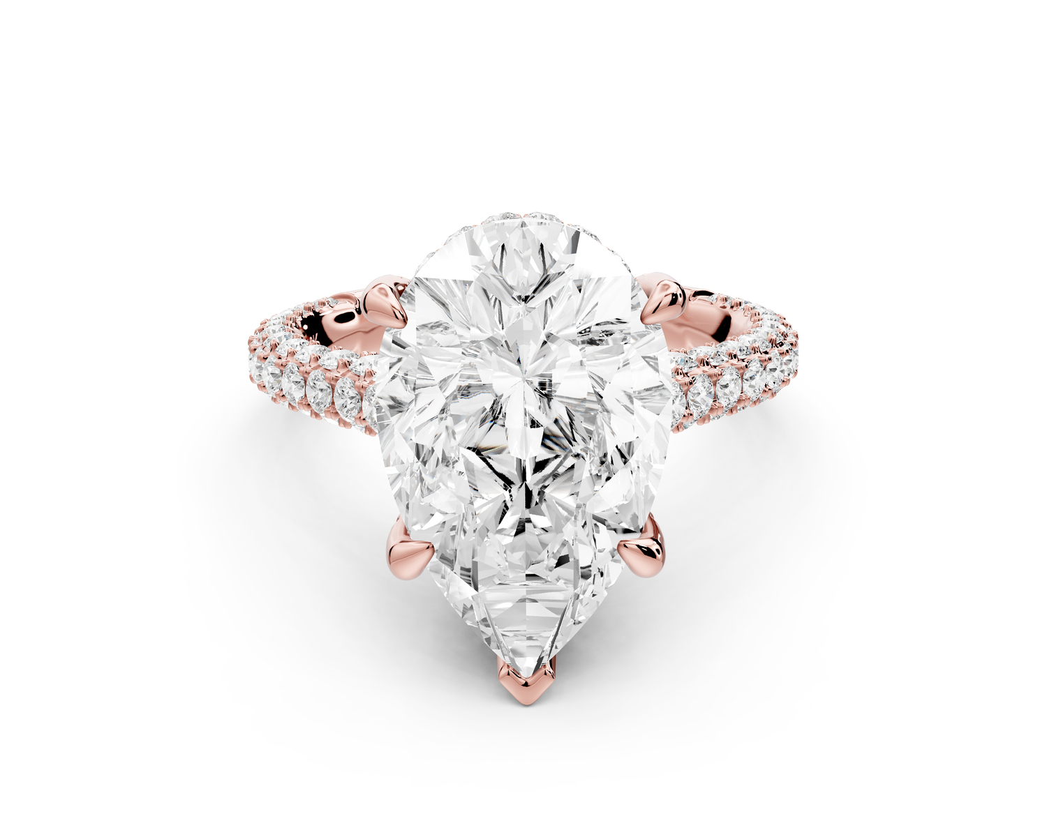 Bianca - 5ct 14k rose gold pear Diamond hidden halo with a diamond crown and bridge rollover pave cathedral Engagement ring