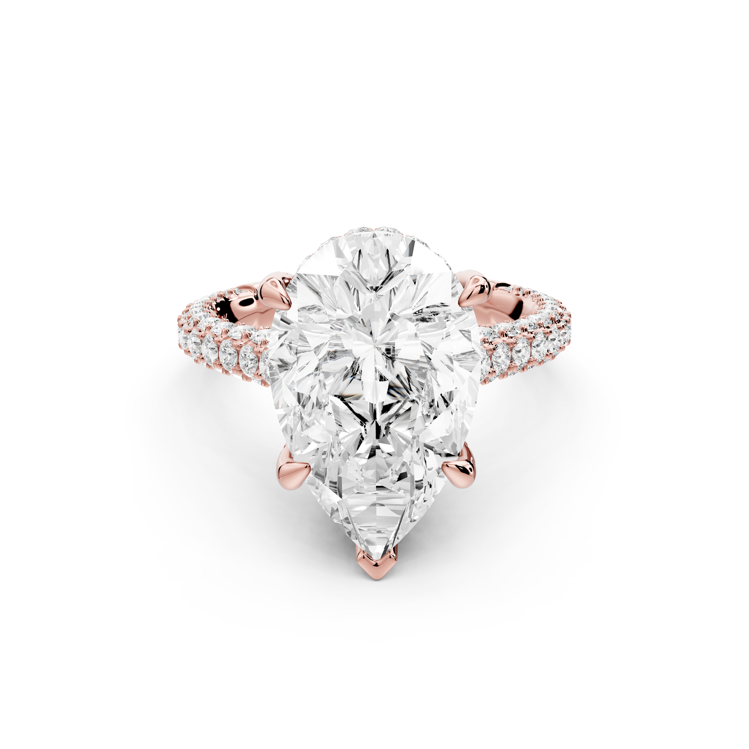 Bianca - 5ct 14k rose gold pear Diamond hidden halo with a diamond crown and bridge rollover pave cathedral Engagement ring