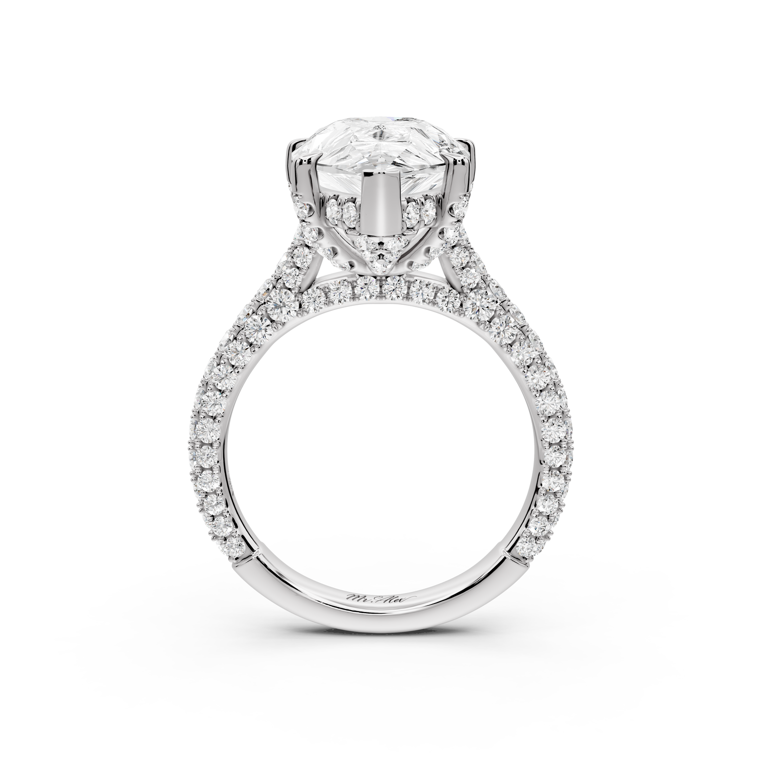 Bianca - 5ct 14k white gold pear Diamond hidden halo with a diamond crown and bridge rollover pave cathedral Engagement ring