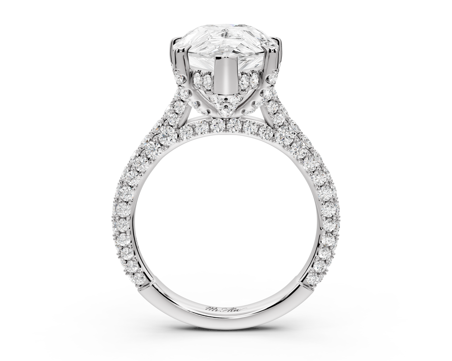 Bianca - 5ct 18k white gold pear Diamond hidden halo with a diamond crown and bridge rollover pave cathedral Engagement ring
